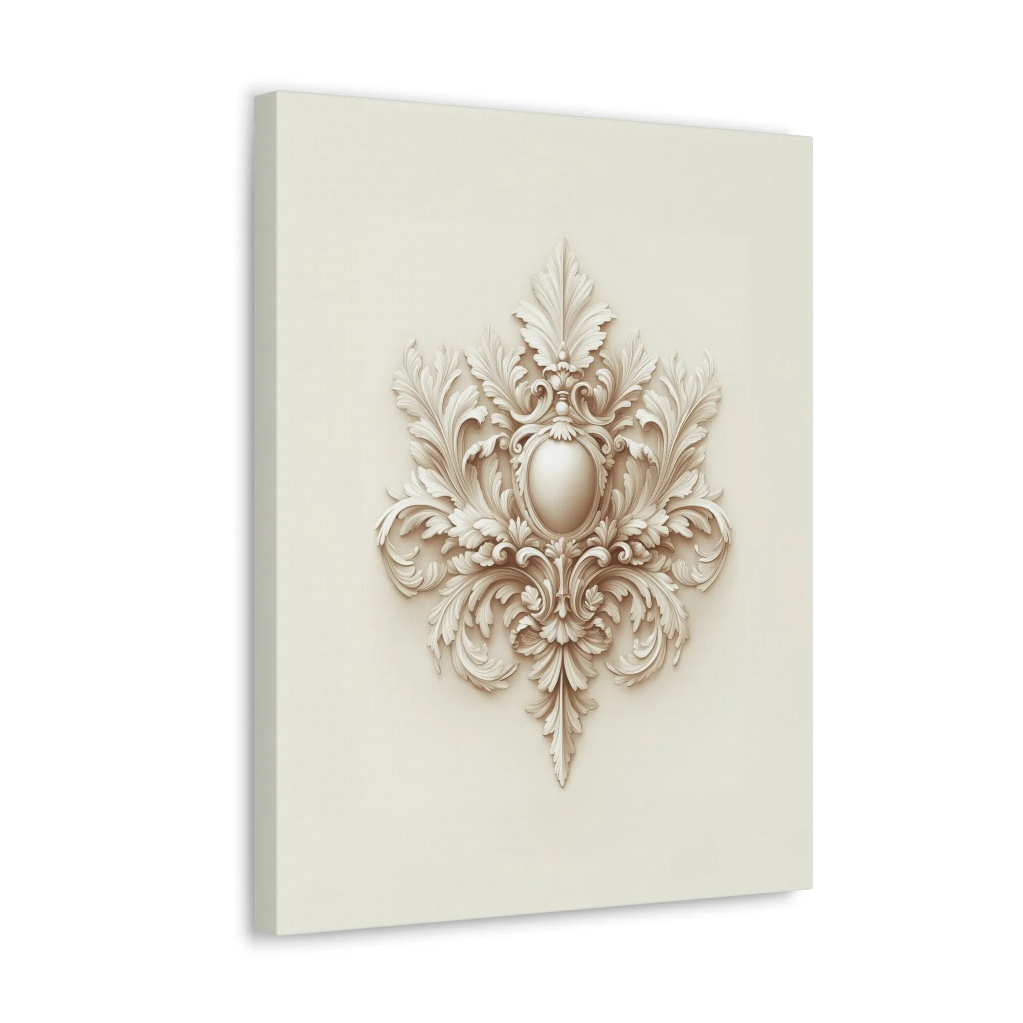 Side view of an ivory baroque medallion gallery-wrapped canvas, highlighting the raised scrollwork details and refined classical craftsmanship