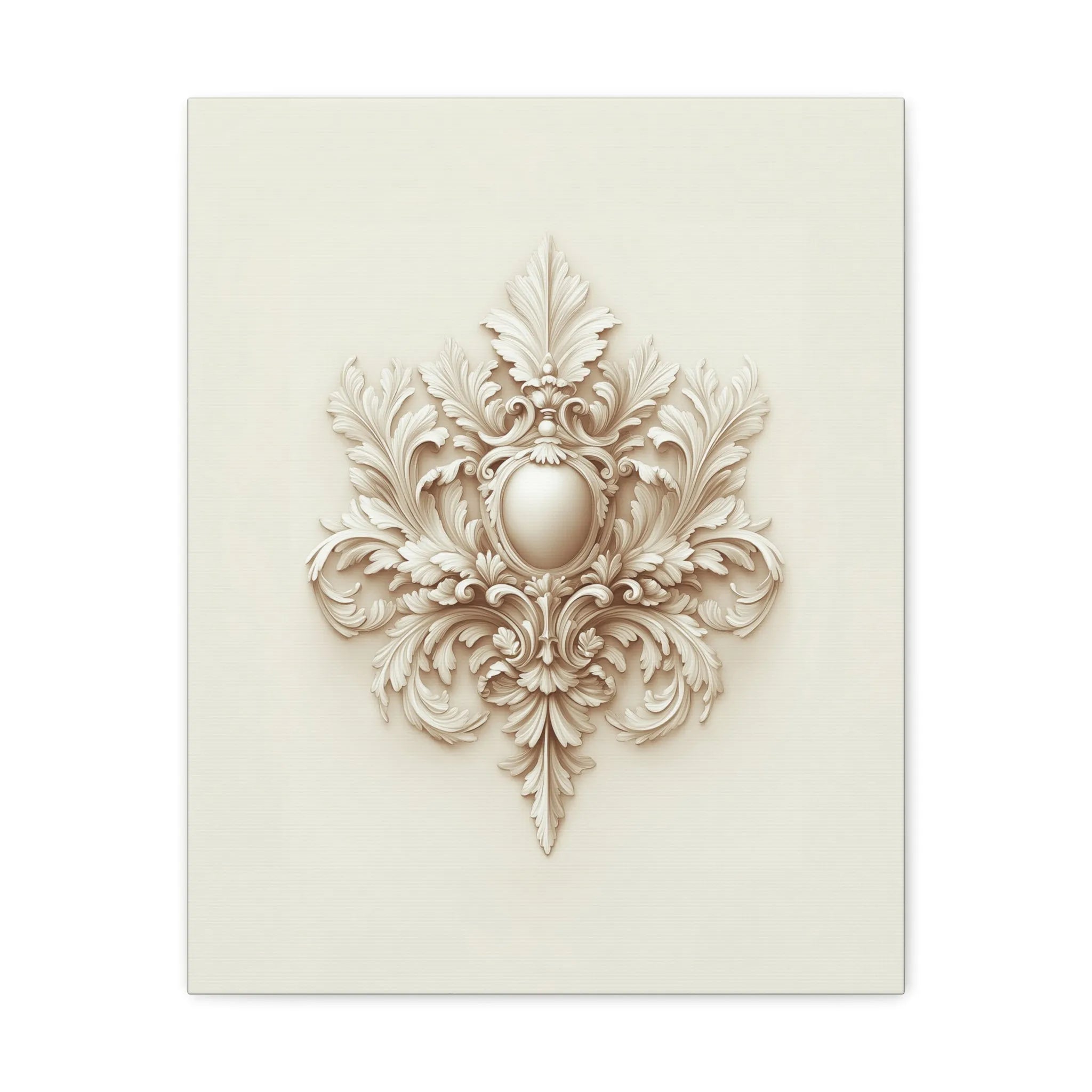 Ornate baroque medallion canvas wall art in soft ivory tones, featuring intricate scrollwork and classical detailing on a gallery-wrapped canvas.
