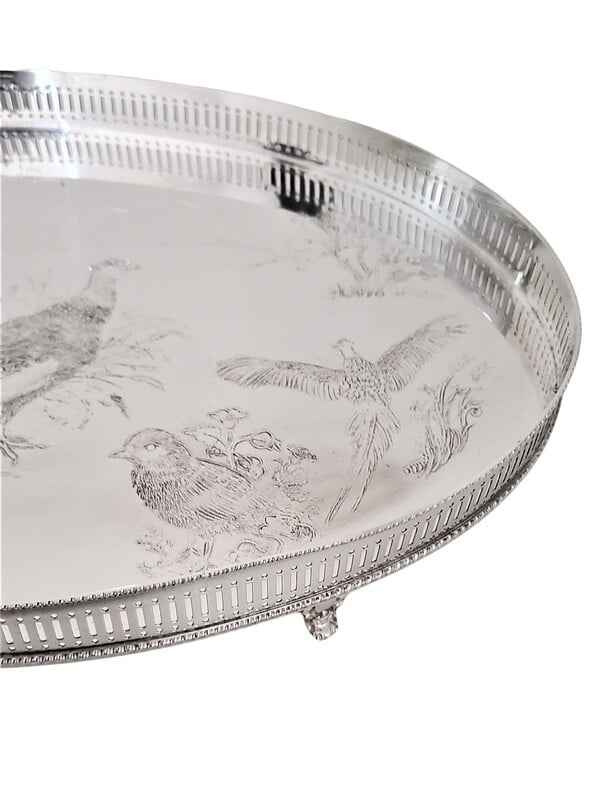 Decorative silver tray with engraved bird designs on a white background