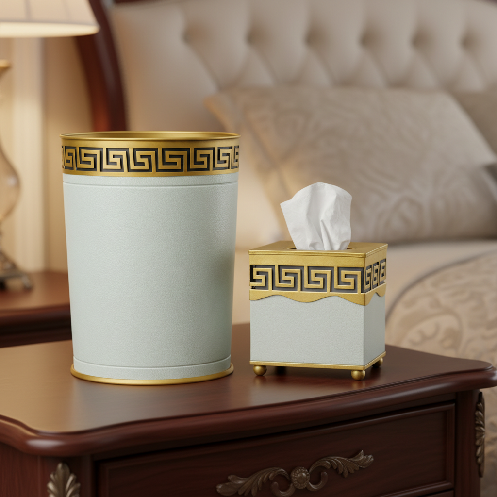 Decorative soft green oval wastepaper basket and tissue box with gold accents on a wooden surface.