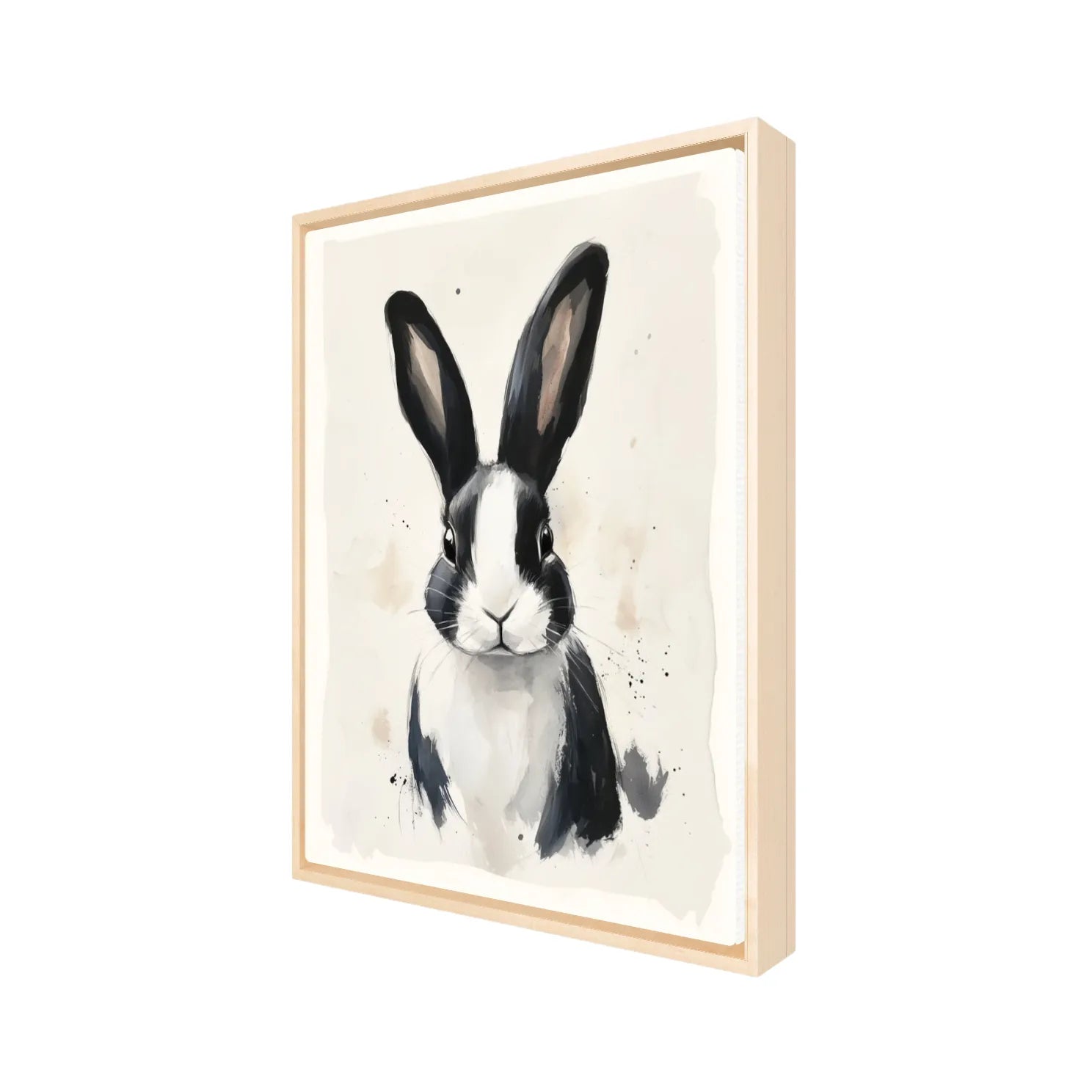 Painterly black and white rabbit wall art on satin canvas in a natural wood floating frame, angled view