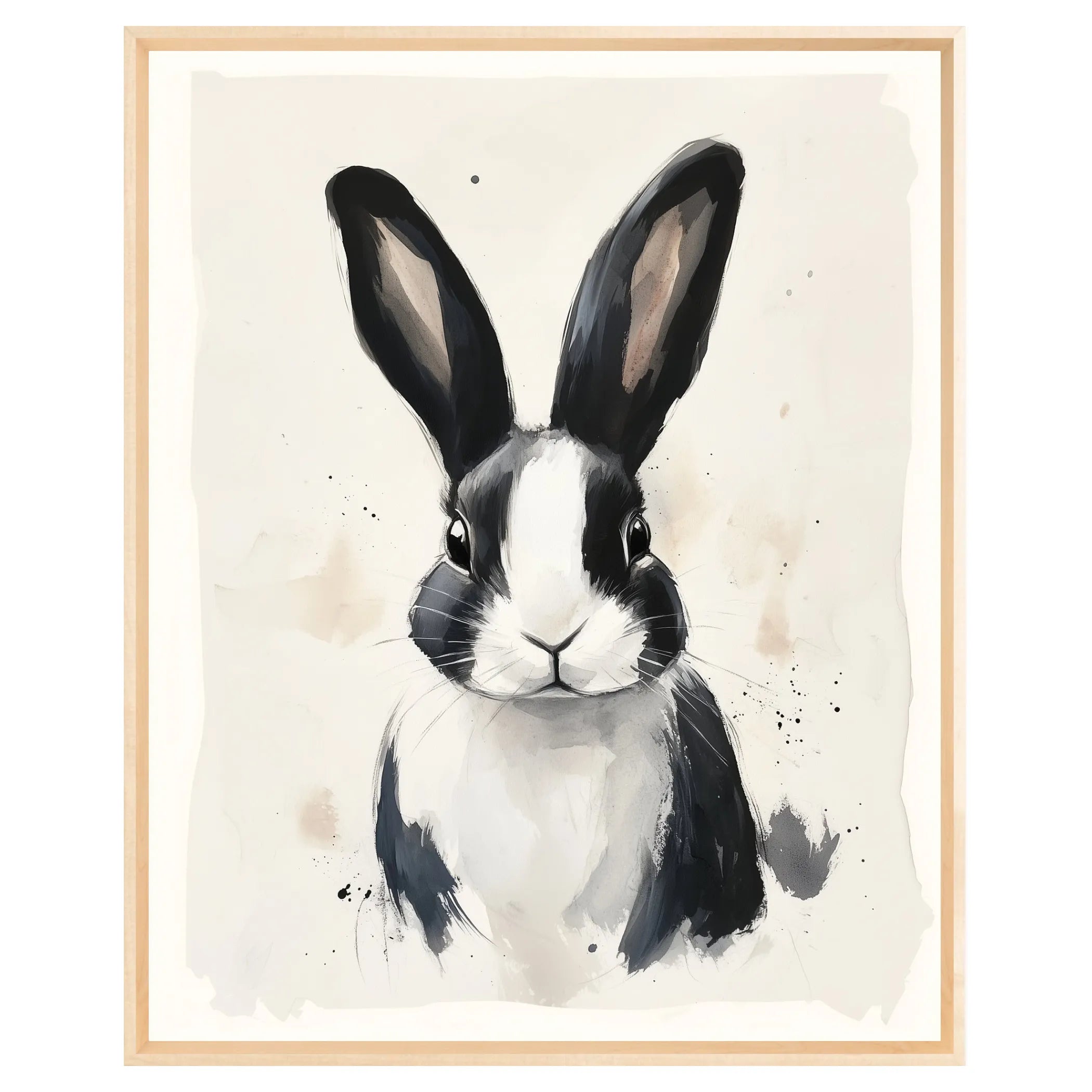 Painterly black and white rabbit wall art printed on satin canvas in a natural wood floating frame