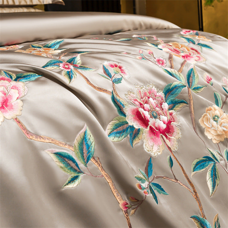 Floral embroidery on satin fabric