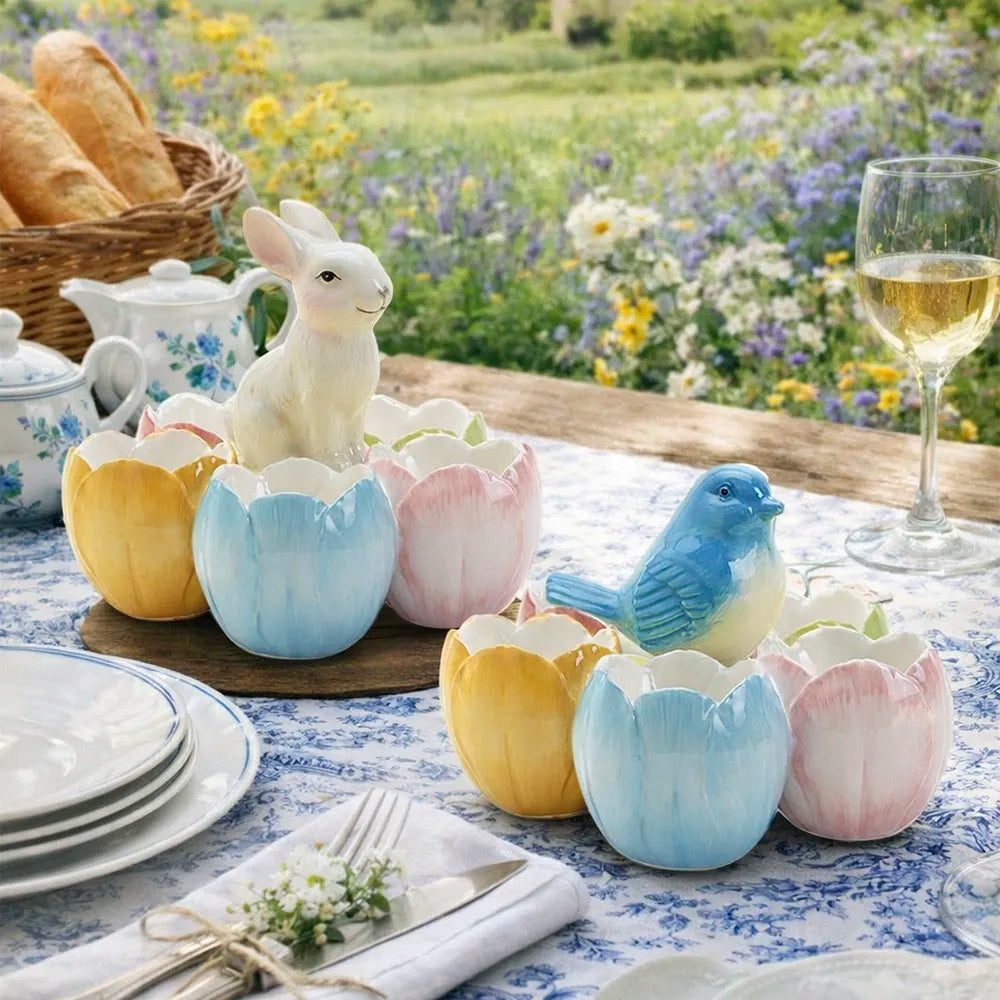 Decorative Easter table setting with ceramic tidbit dishes with a rabbit, and a bird on a floral tablecloth.