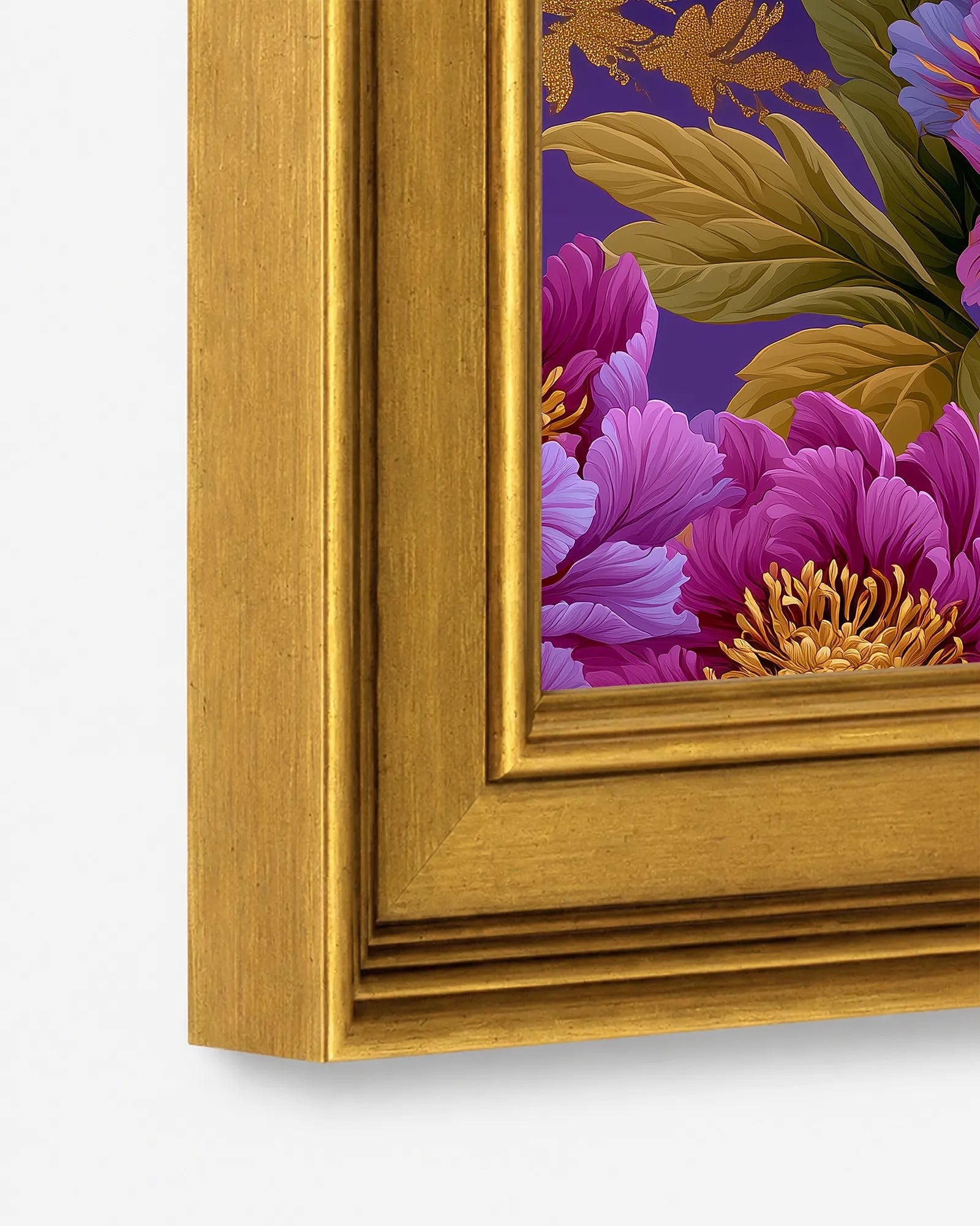 Close-up detail of the burnished antique gold wood frame used for Peonies in Amethyst Wisteria framed wall art, showing the profile, finish, and craftsmanship.