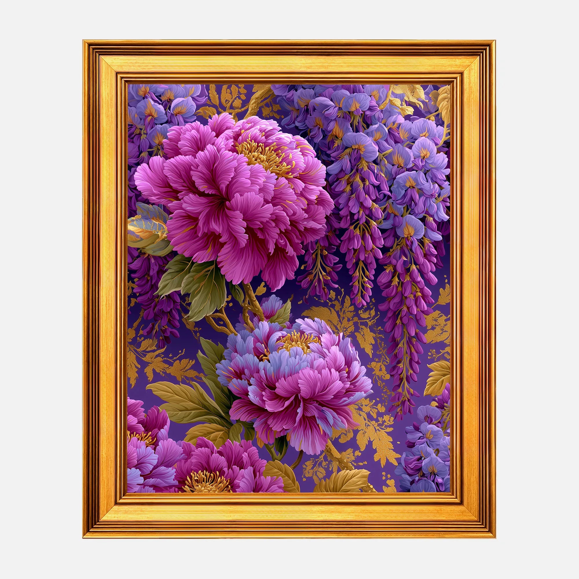 Peonies in Amethyst Wisteria framed wall art in a burnished antique gold frame, 16 x 20 inch print size with 19.5 x 23.5 inch framed dimensions.