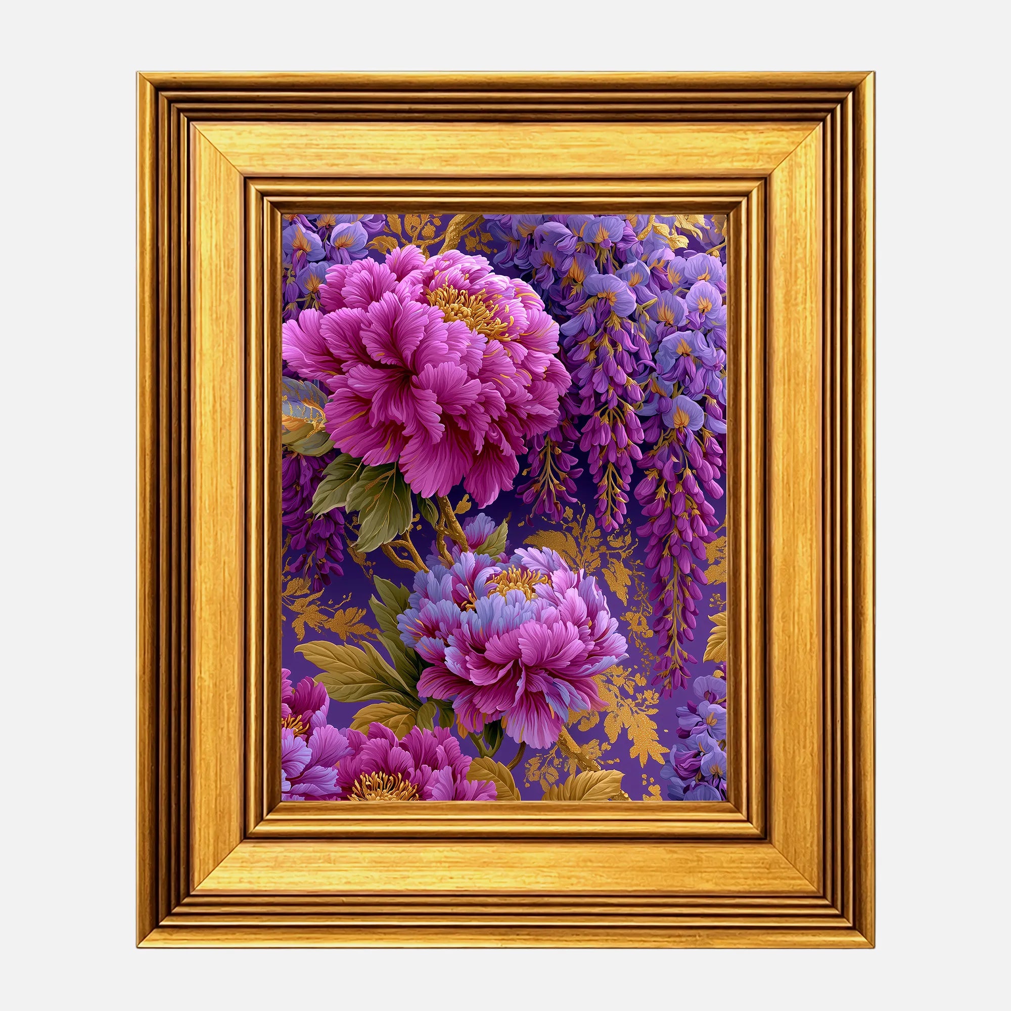 Peonies in Amethyst Wisteria framed wall art in a burnished antique gold frame, 8 x 10 inch print size with 11.5 x 13.5 inch framed dimensions.