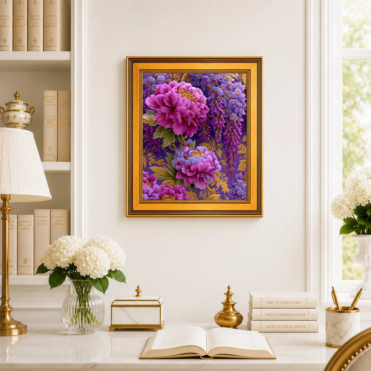 Peonies in Amethyst Wisteria framed wall art displayed above a traditional desk with peonies, books, brass decor, and a burnished antique gold frame.