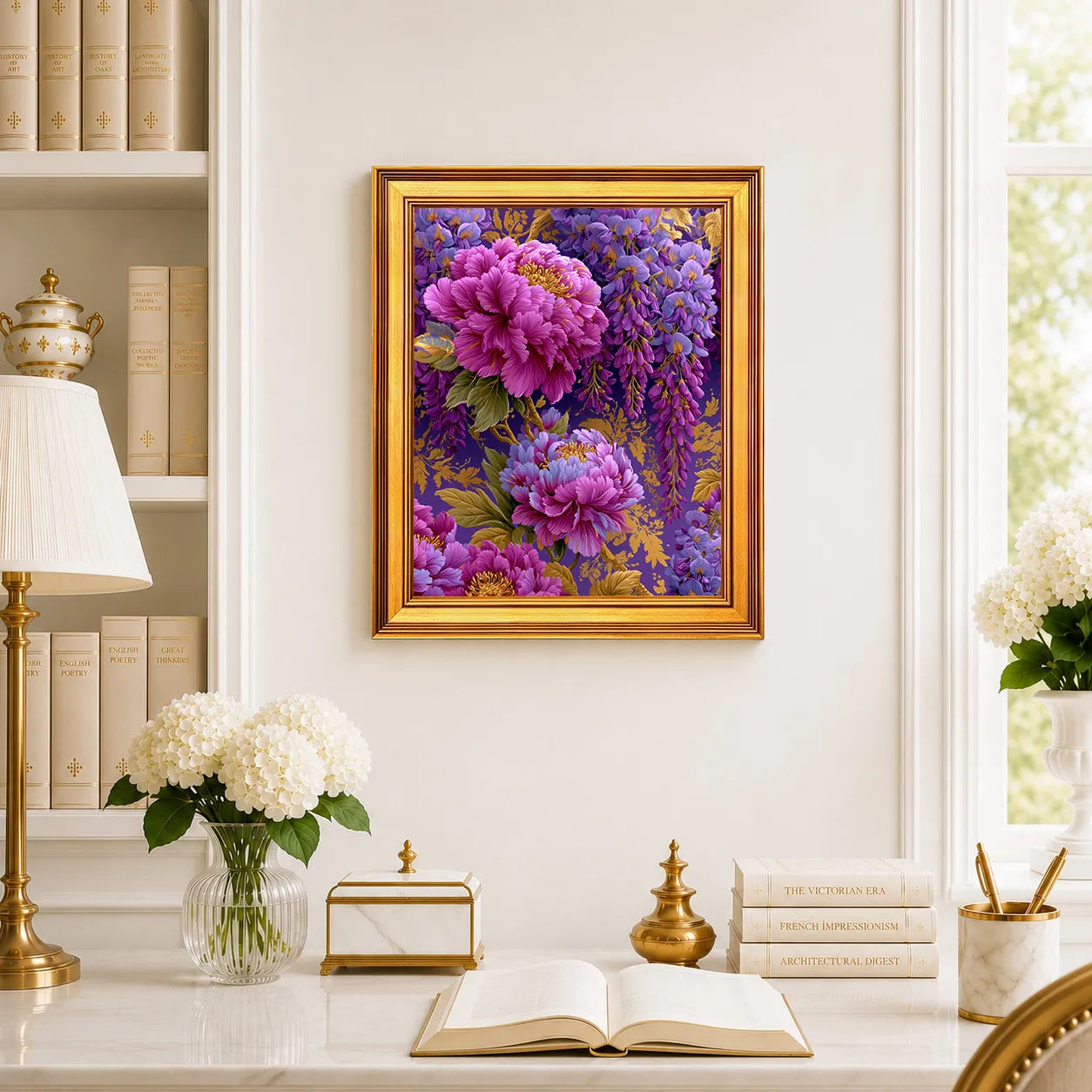 Peonies in Amethyst Wisteria framed wall art displayed above a traditional desk with peonies, books, brass decor, and a burnished antique gold frame.