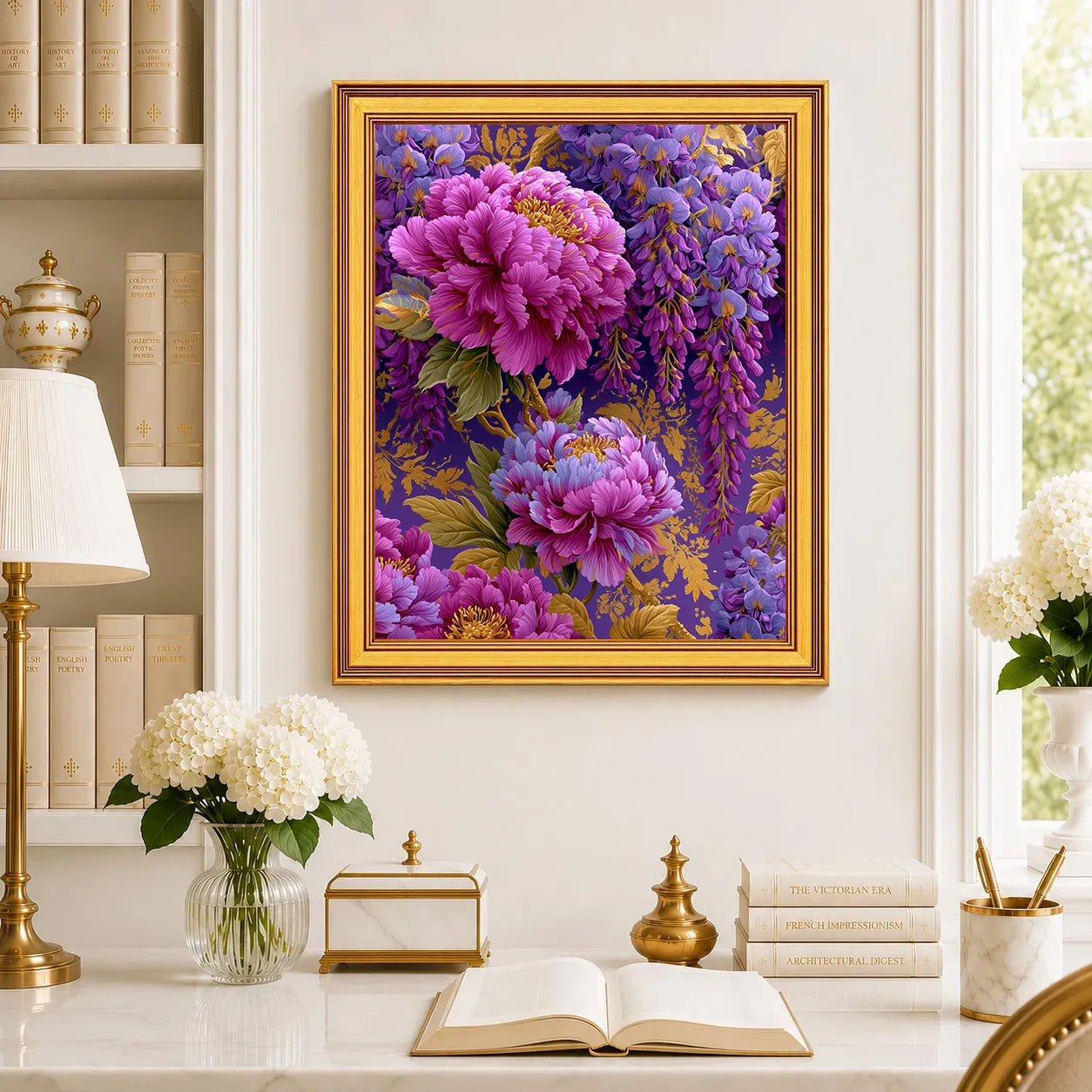 Large Peonies in Amethyst Wisteria framed wall art displayed in a traditional study with peonies, antique books, brass accents, and a burnished antique gold frame.