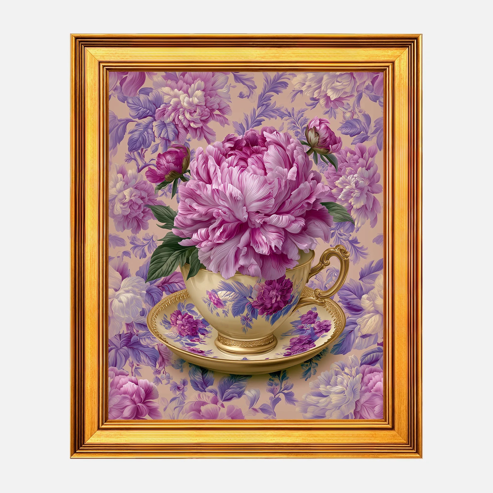 Peonies in an Amethyst Teacup framed wall art in a burnished antique gold frame, 16 x 20 inch print size with 19.5 x 23.5 inch framed dimensions.
