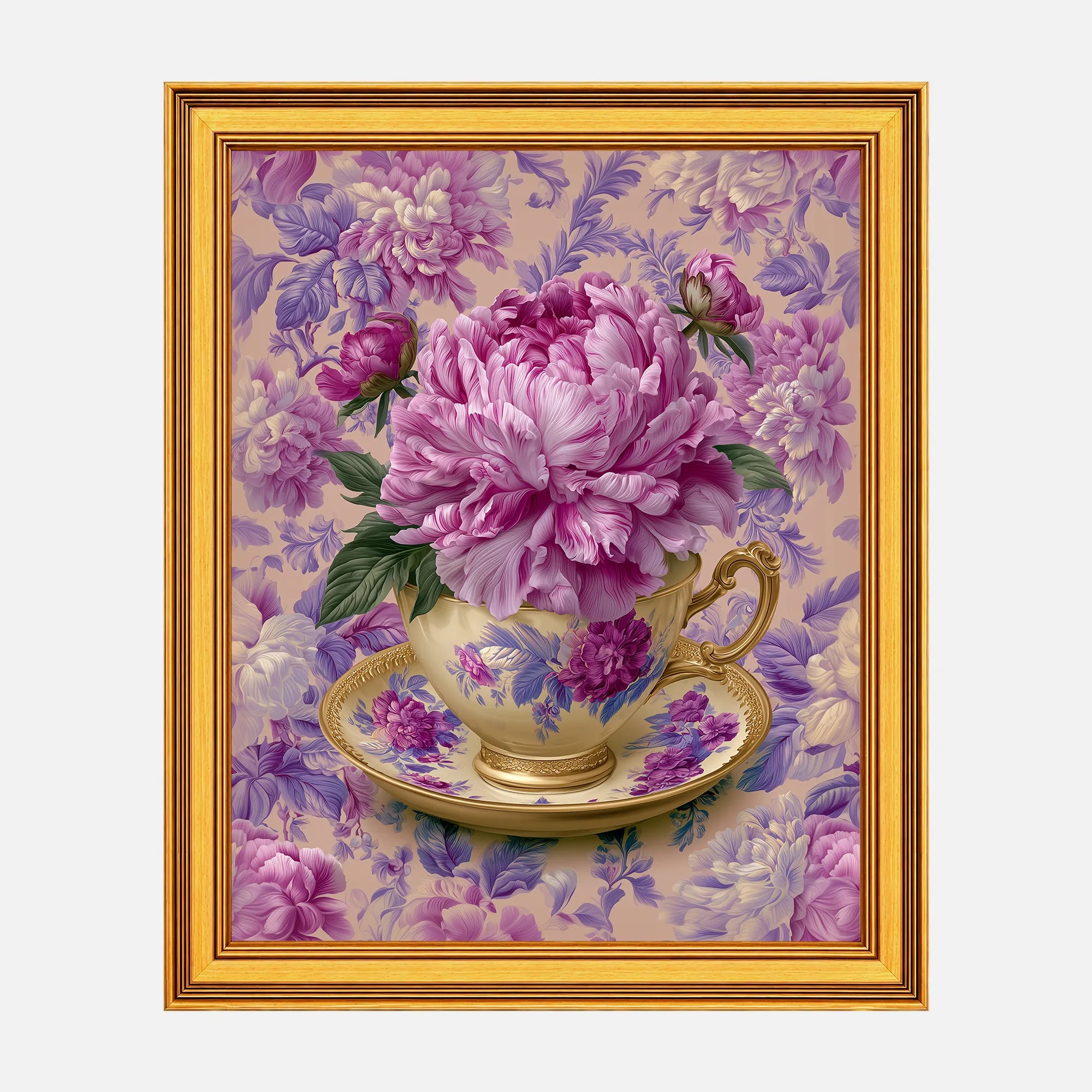 Peonies in an Amethyst Teacup framed fine art print in a burnished antique gold frame, 20 x 25 inch print size with 23.5 x 28.5 inch framed dimensions.