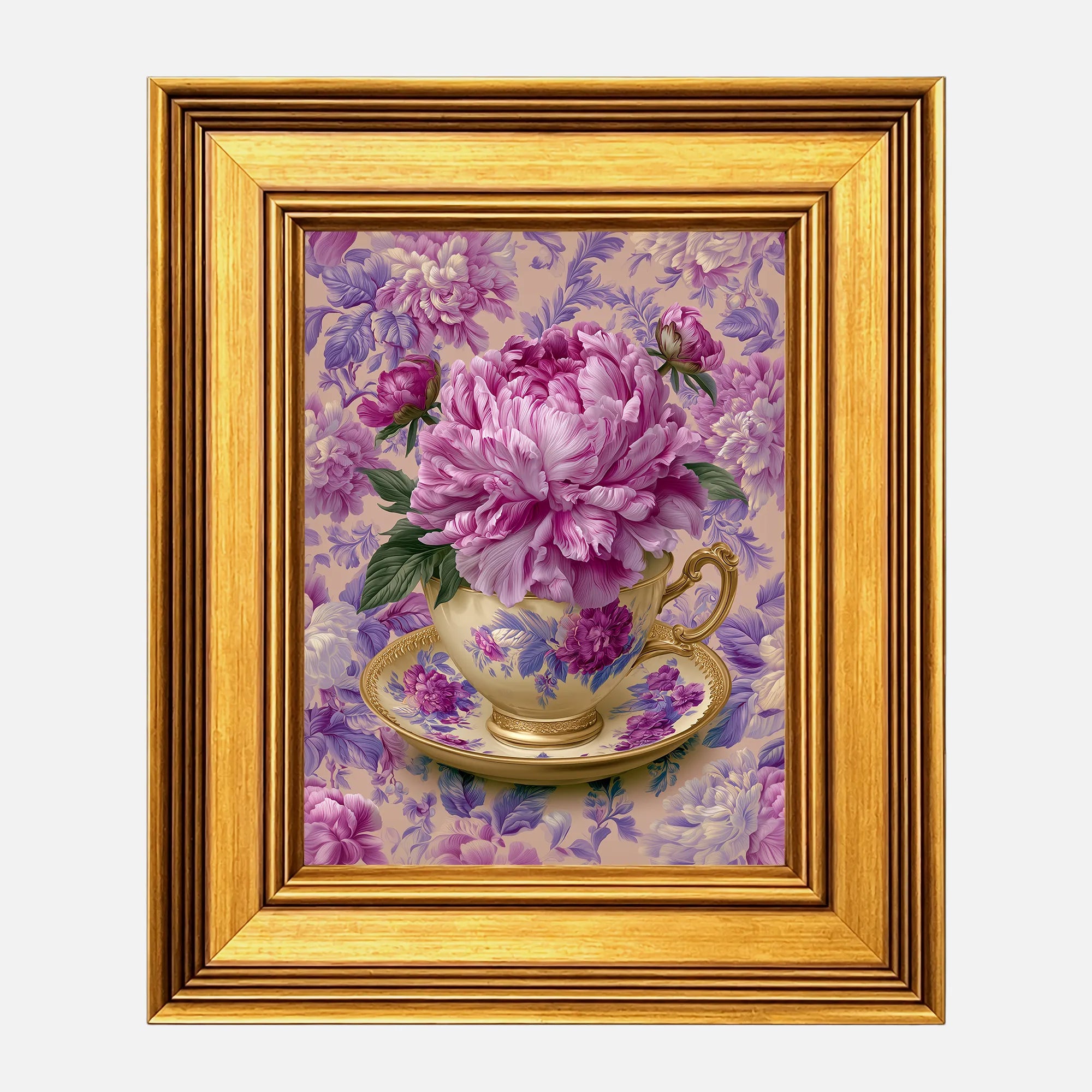 Peonies in an Amethyst Teacup framed wall art in a burnished antique gold frame, 8 x 10 inch print size with 11.5 x 13.5 inch framed dimensions.