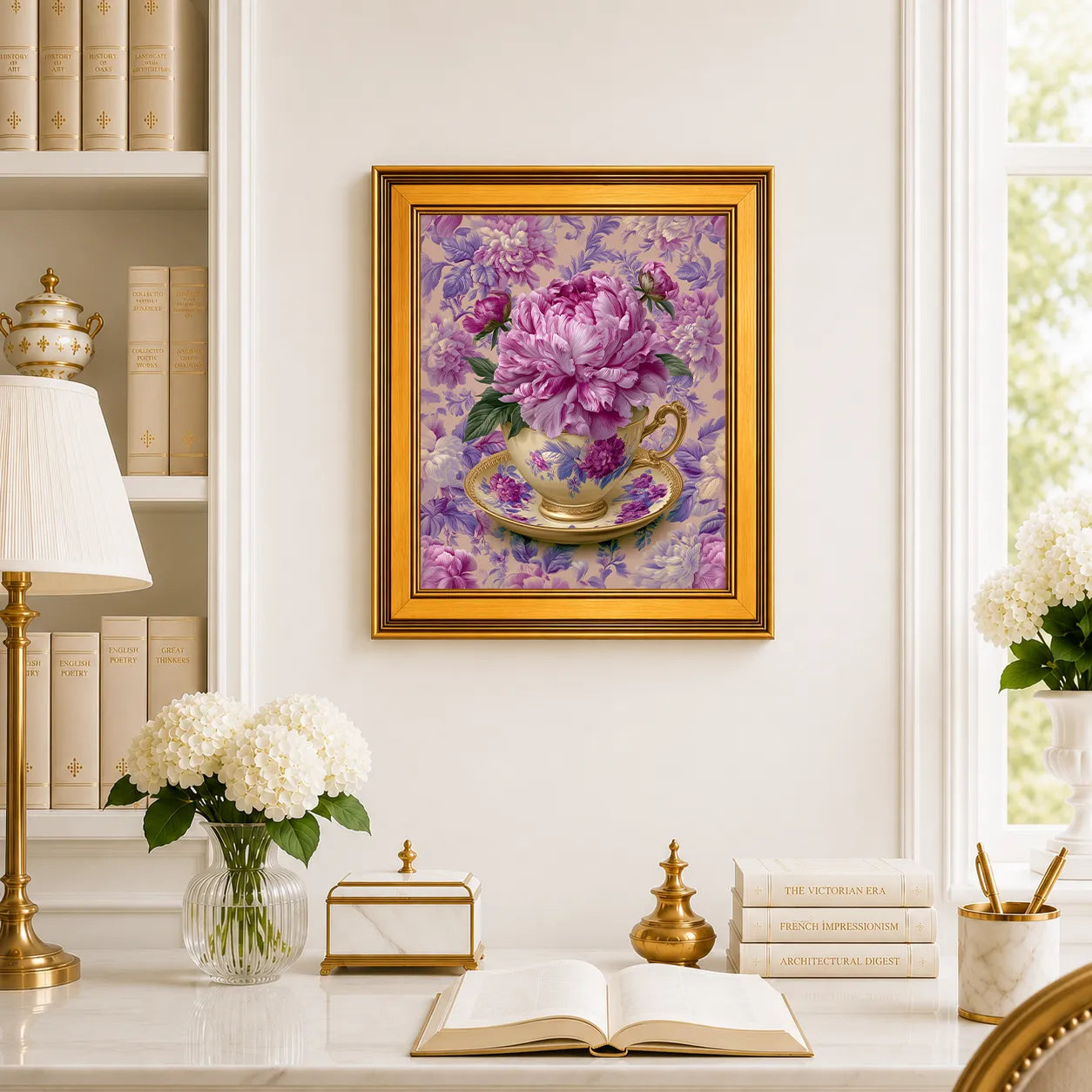 Peonies in an Amethyst Teacup framed wall art displayed above a traditional desk with peonies, books, brass decor, and a burnished antique gold frame.