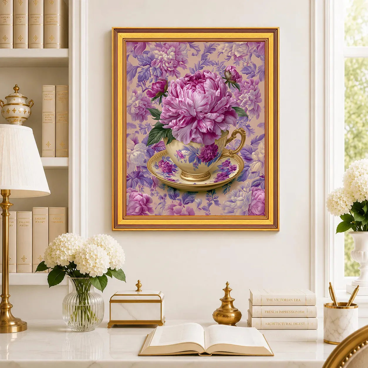 Large Peonies in an Amethyst Teacup framed wall art displayed in a traditional study with peonies, antique books, brass accents, and a burnished antique gold frame.