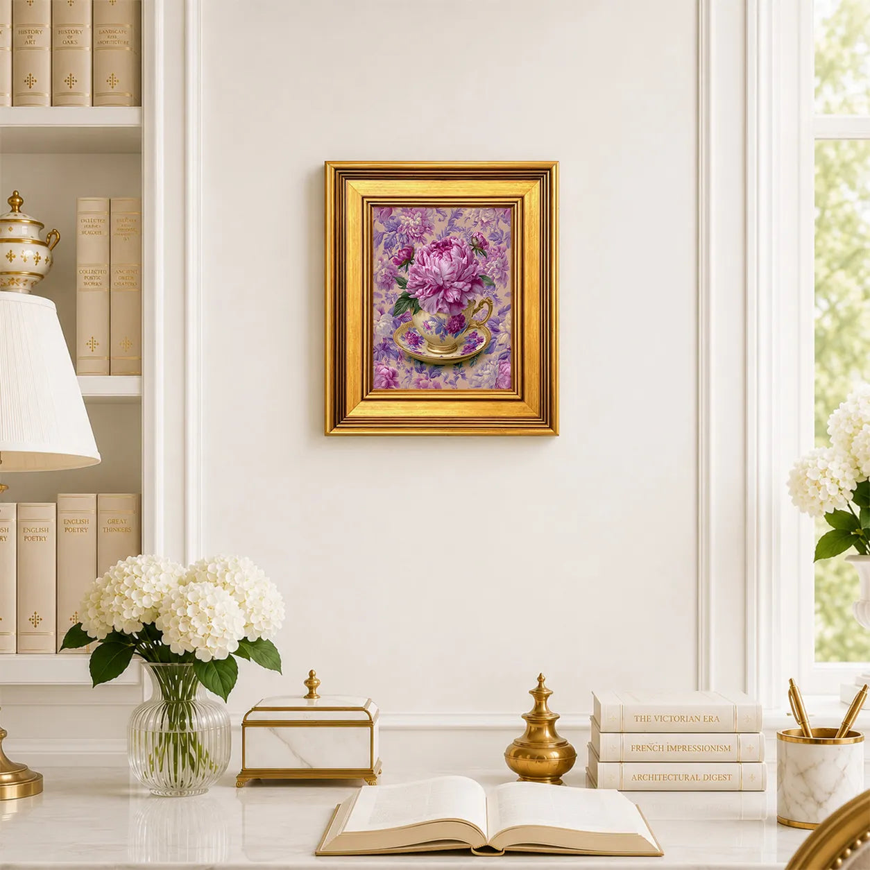 Small Peonies in an Amethyst Teacup framed wall art displayed in an elegant traditional study with antique books, peonies, brass accents, and a burnished antique gold frame.