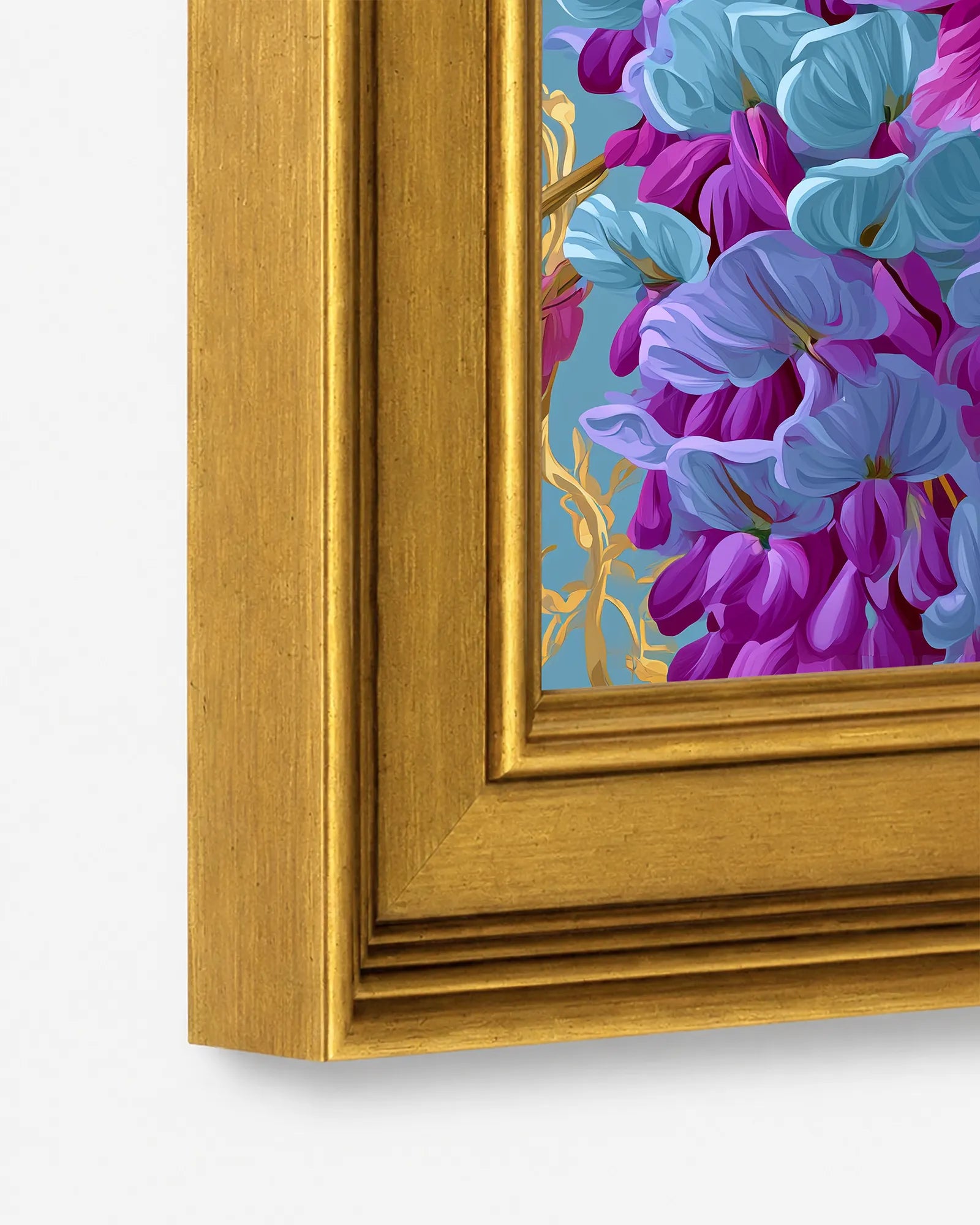 Close-up detail of the burnished antique gold wood frame used for Peonies in Aqua Wisteria framed wall art, showing the profile, finish, and craftsmanship.