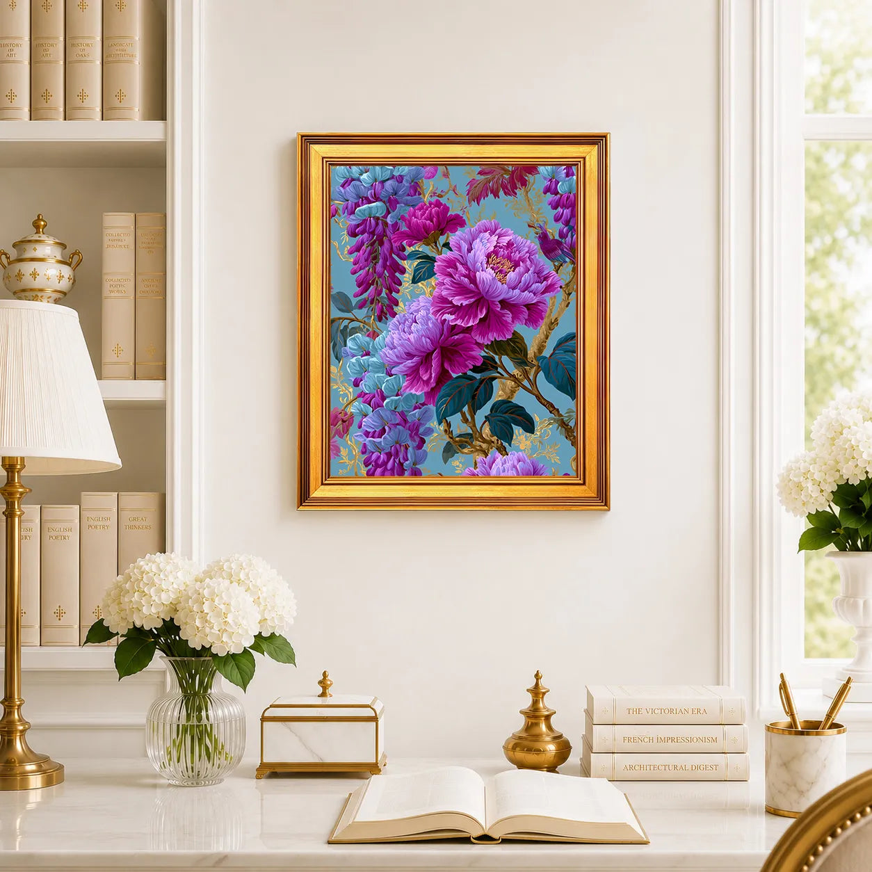 Peonies in Aqua Wisteria framed wall art displayed above a traditional desk with peonies, books, brass decor, and a burnished antique gold frame.