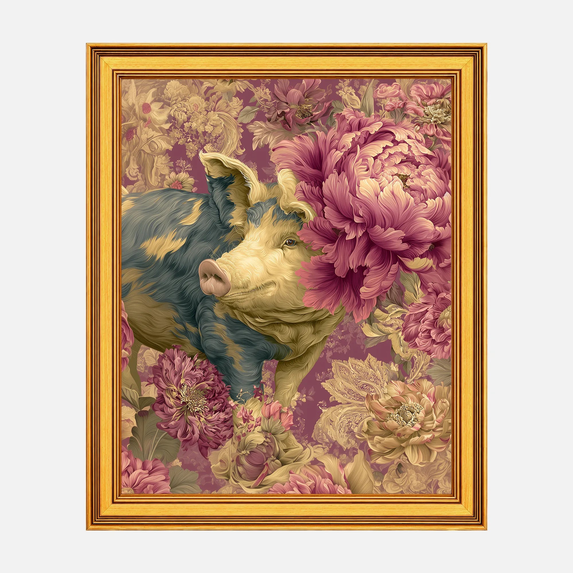 Pig in Jewel Peonies framed fine art print in a burnished antique gold frame, 20 x 25 inch print size with 23.5 x 28.5 inch framed dimensions.