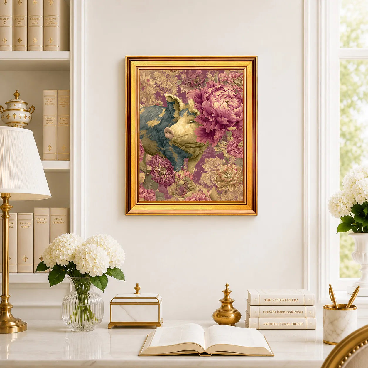 Pig in Jewel Peonies framed farmhouse wall art displayed above a traditional desk with peonies, books, brass decor, and a burnished antique gold frame.