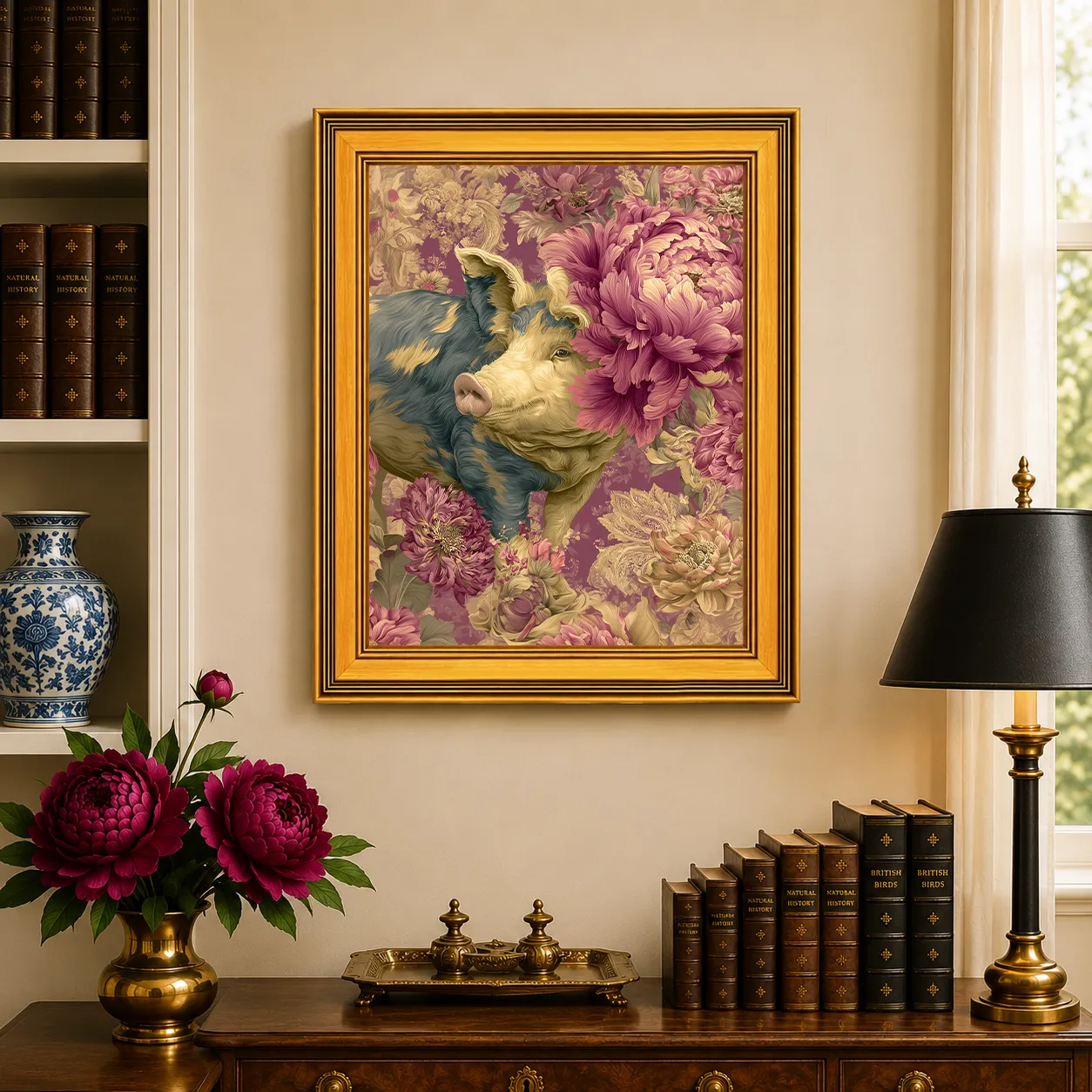 Large Pig in Jewel Peonies framed farmhouse wall art displayed in a traditional study with peonies, antique books, brass accents, and a burnished antique gold frame.