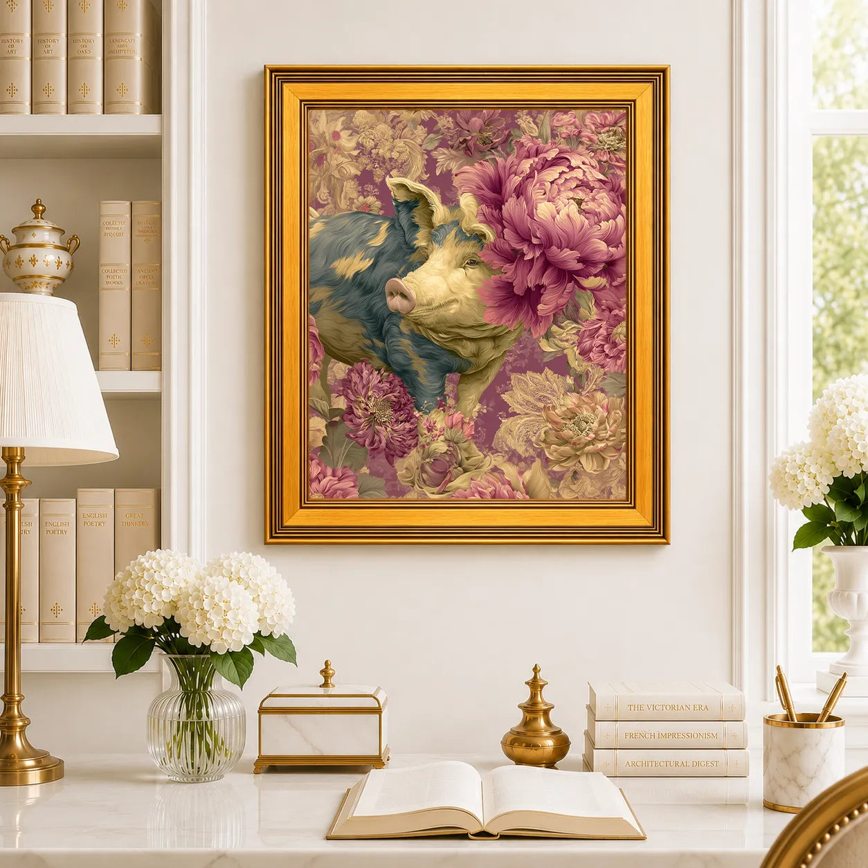 Large Pig in Jewel Peonies framed farmhouse wall art displayed in a traditional study with peonies, antique books, brass accents, and a burnished antique gold frame.