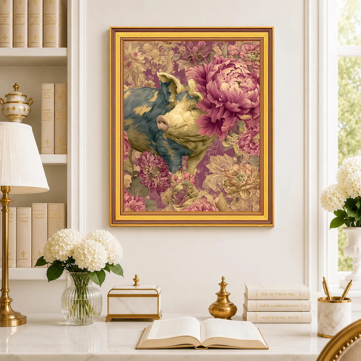 Large Pig in Jewel Peonies framed farmhouse wall art displayed in a traditional study with peonies, antique books, brass accents, and a burnished antique gold frame.