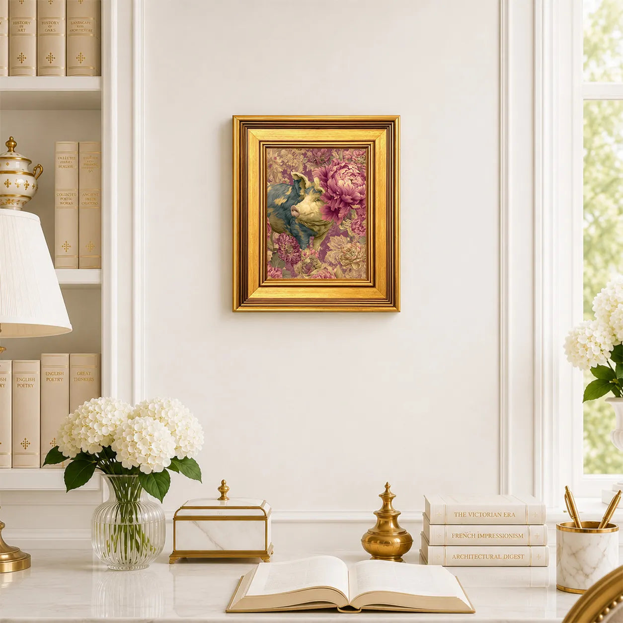 Small Pig in Jewel Peonies framed farmhouse wall art displayed in an elegant traditional study with antique books, peonies, brass accents, and a burnished antique gold frame.
