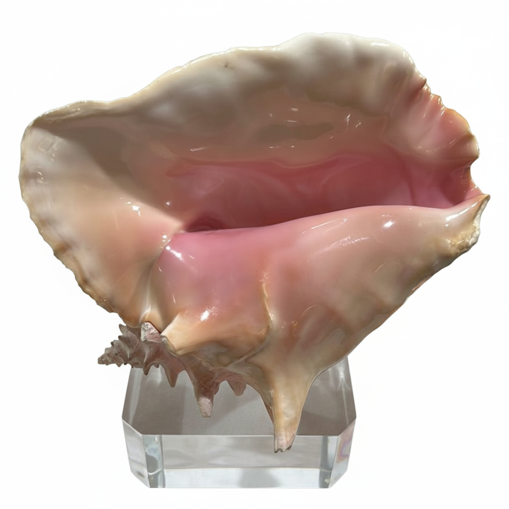 Large pink conch shell on a clear stand against a white background