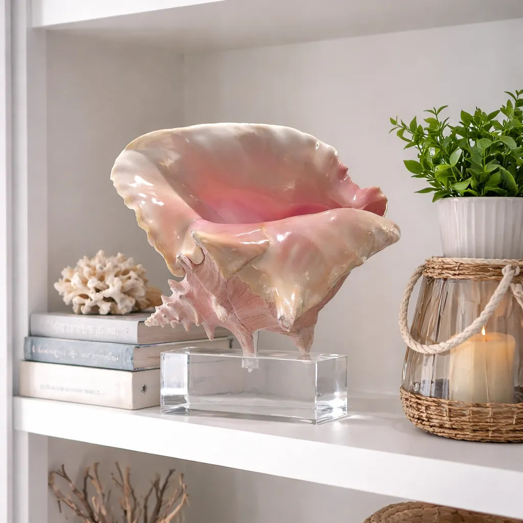 Large pink conch shell on a clear stand with books and a plant in the background