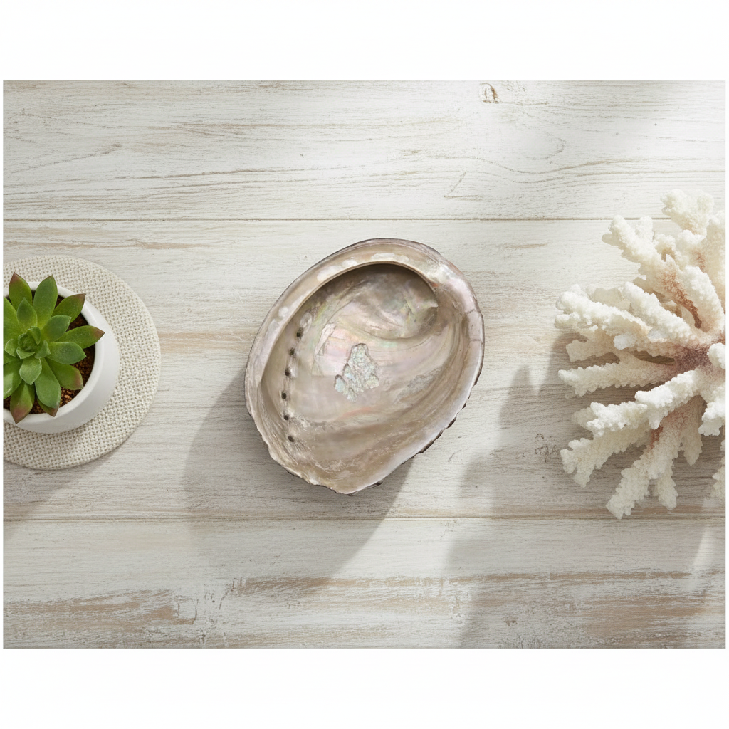 Overhead view of a genuine natural Black Abalone Shell Display – Haliotis cracherodii 5.1", small potted plant, and coral on a light wooden surface