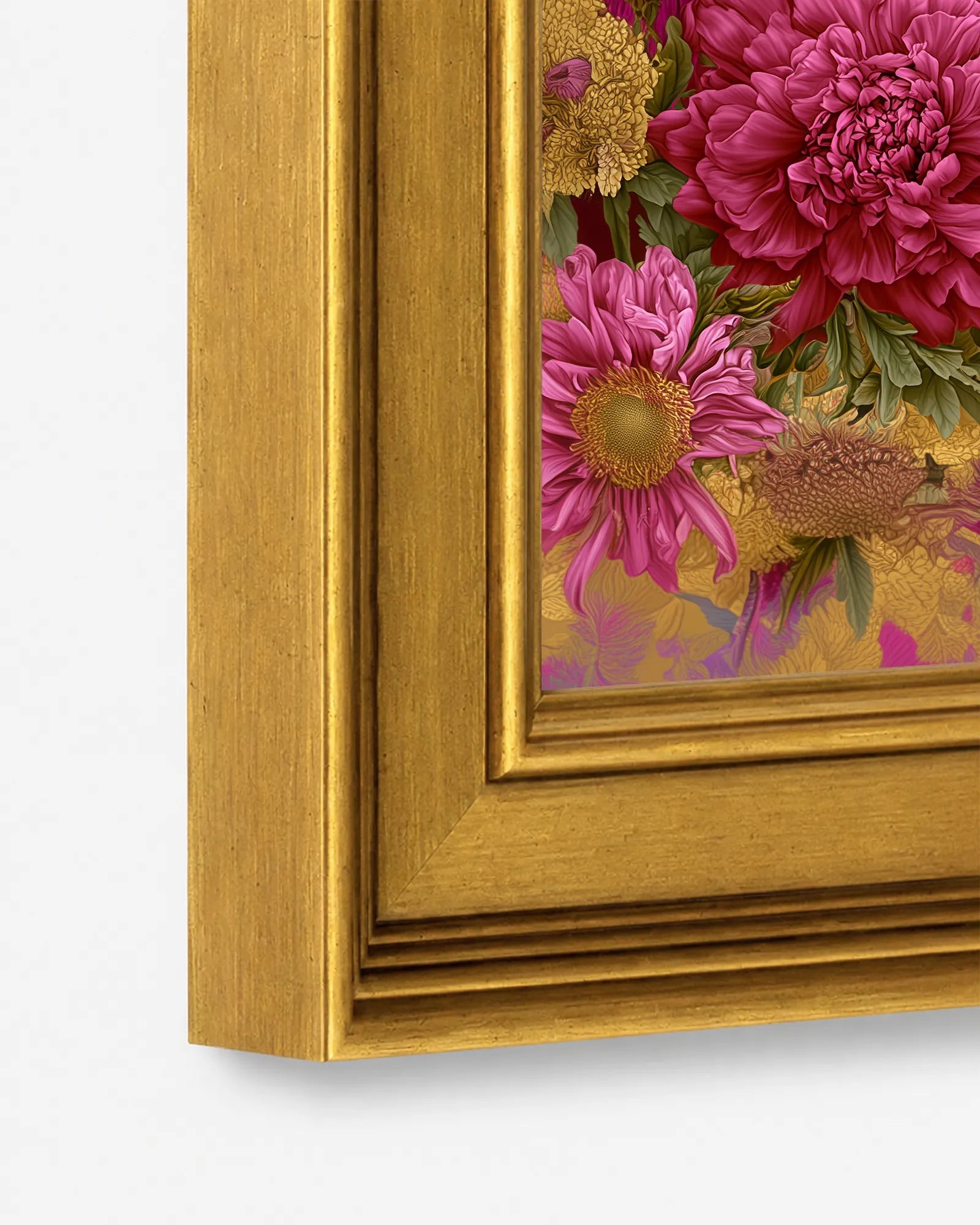 Close-up detail of the burnished antique gold wood frame used for Ram in Jewel Peonies framed wall art, showing the profile, finish, and craftsmanship.