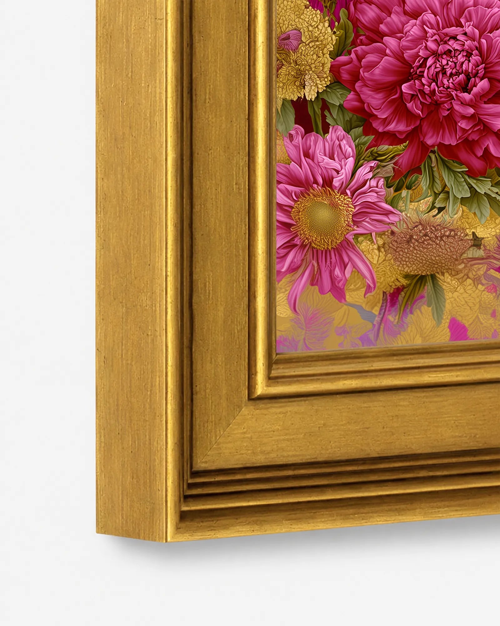 Close-up detail of the burnished antique gold wood frame used for Ram in Jewel Peonies framed wall art, showing the profile, finish, and craftsmanship.