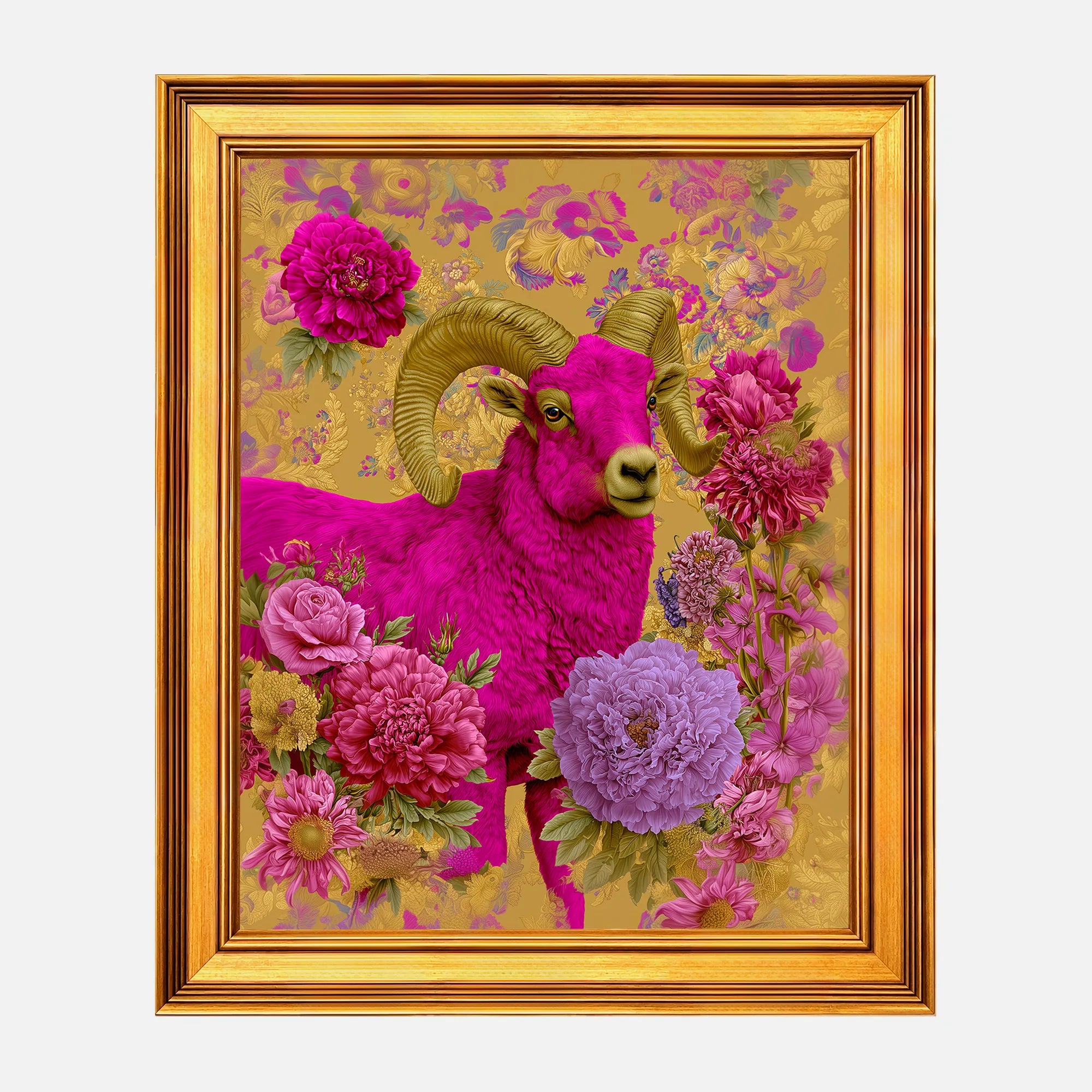 Ram in Jewel Peonies framed wall art in a burnished antique gold frame, 16 x 20 inch print size with 19.5 x 23.5 inch framed dimensions.
