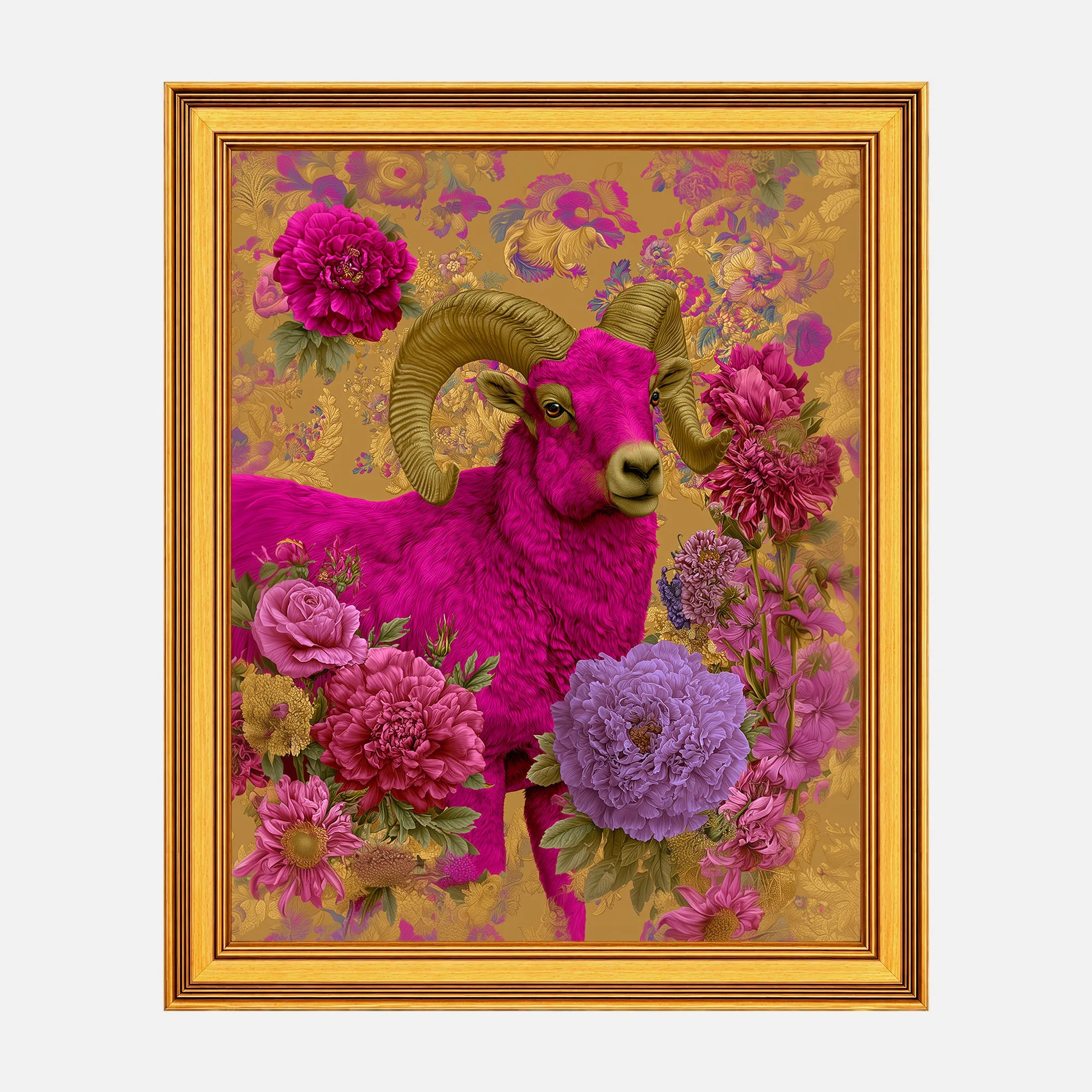 Ram in Jewel Peonies framed fine art print in a burnished antique gold frame, 20 x 25 inch print size with 23.5 x 28.5 inch framed dimensions.
