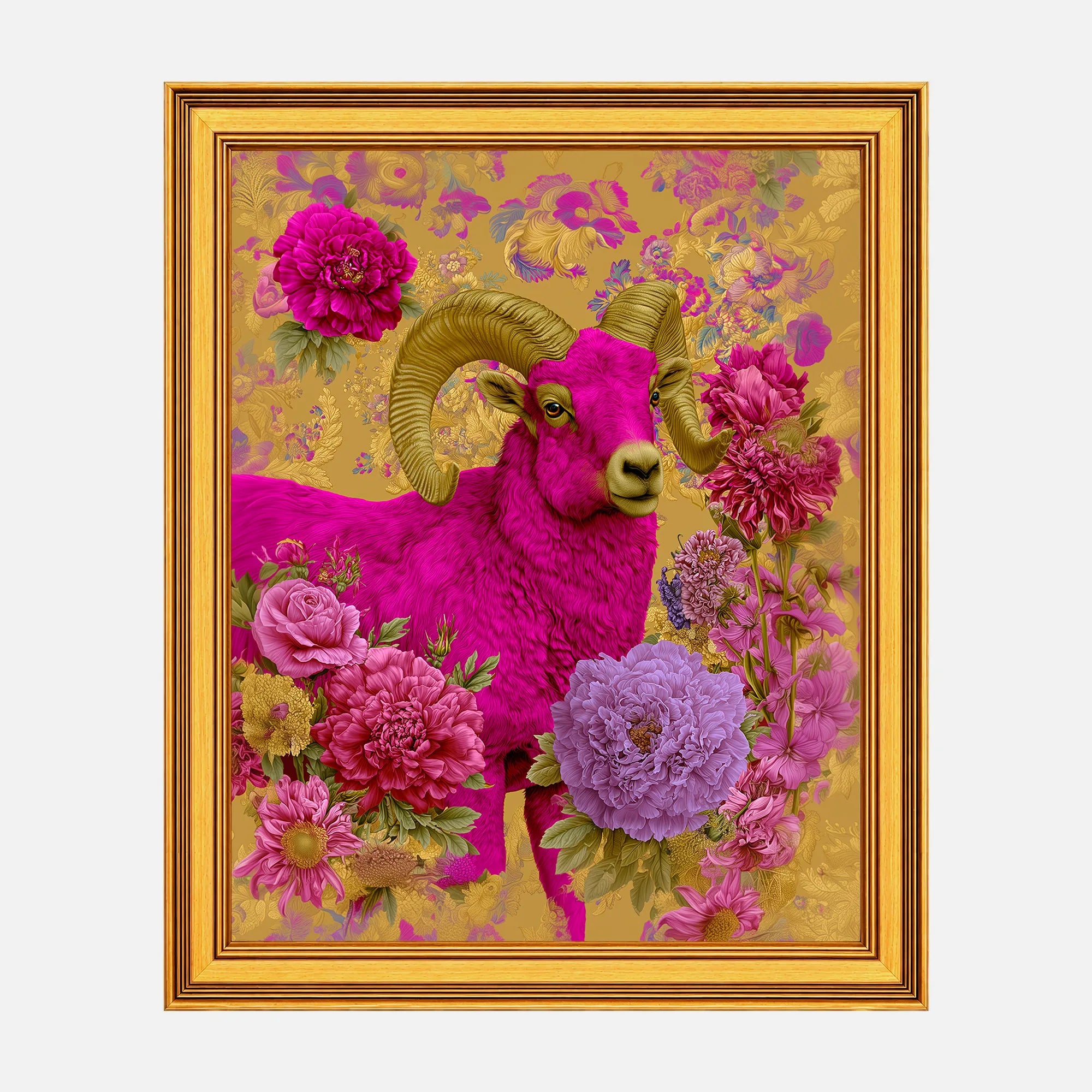 Ram in Jewel Peonies framed fine art print in a burnished antique gold frame, 20 x 25 inch print size with 23.5 x 28.5 inch framed dimensions.