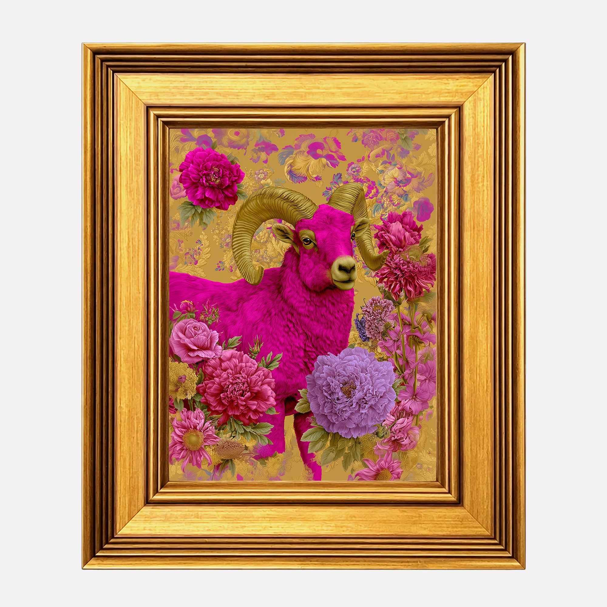 Ram in Jewel Peonies framed wall art in a burnished antique gold frame, 8 x 10 inch print size with 11.5 x 13.5 inch framed dimensions.