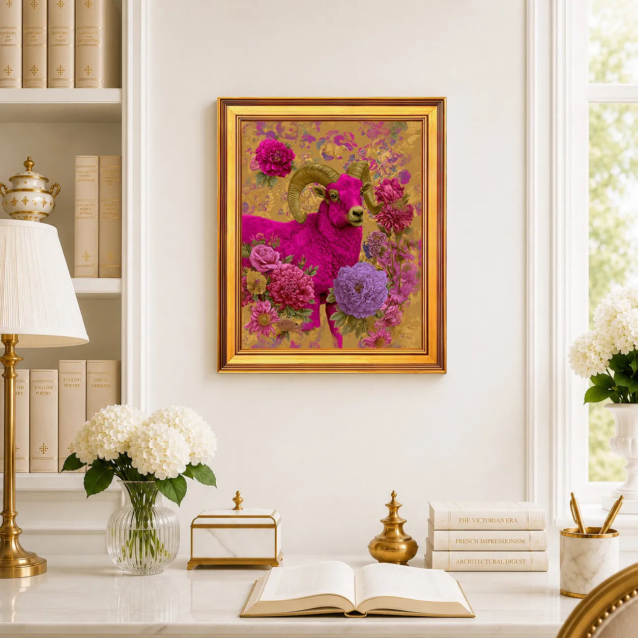 Ram in Jewel Peonies framed wall art displayed above a traditional desk with peonies, books, brass decor, and a burnished antique gold frame.