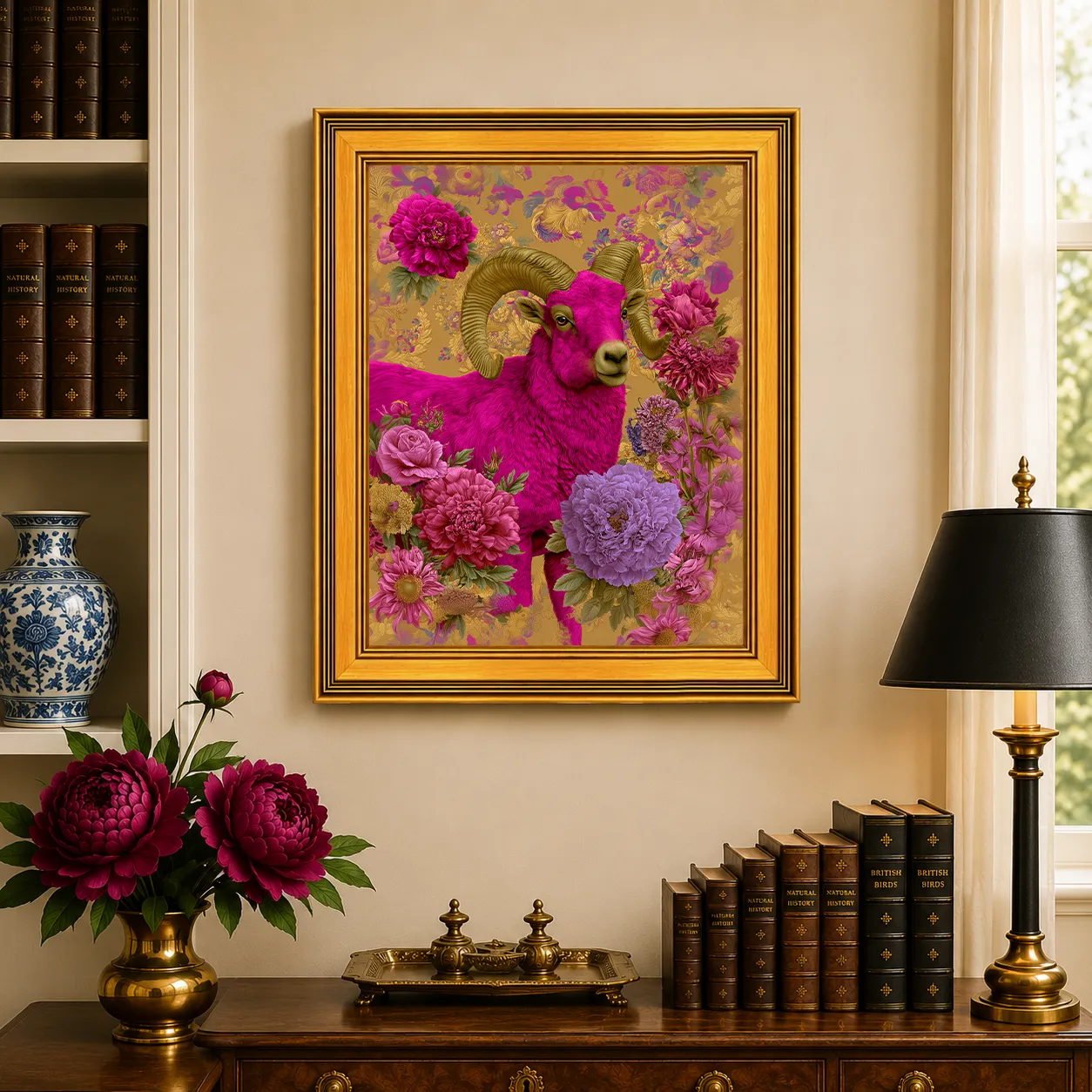 Large Ram in Jewel Peonies framed wall art displayed in a traditional study with peonies, antique books, brass accents, and a burnished antique gold frame.