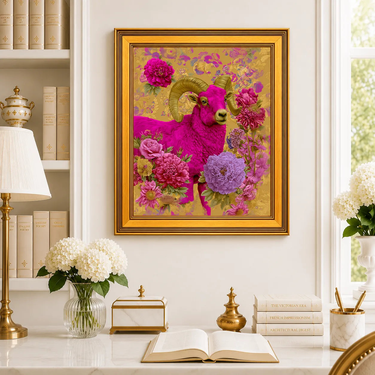 Large Ram in Jewel Peonies framed wall art displayed in a traditional study with peonies, antique books, brass accents, and a burnished antique gold frame.