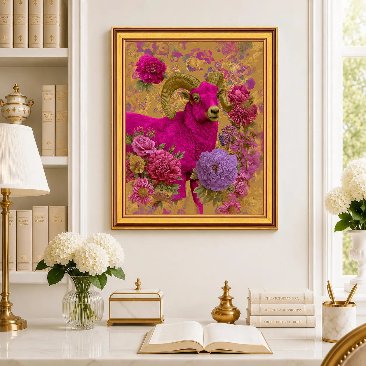 Large Ram in Jewel Peonies framed wall art displayed in a traditional study with peonies, antique books, brass accents, and a burnished antique gold frame.