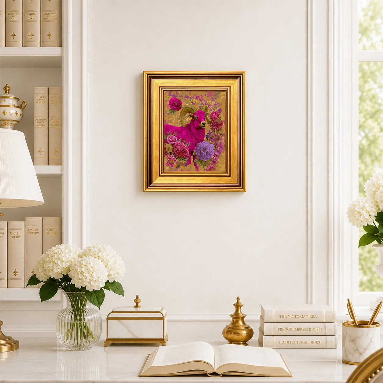 Small Ram in Jewel Peonies framed wall art displayed in an elegant traditional study with antique books, peonies, brass accents, and a burnished antique gold frame.