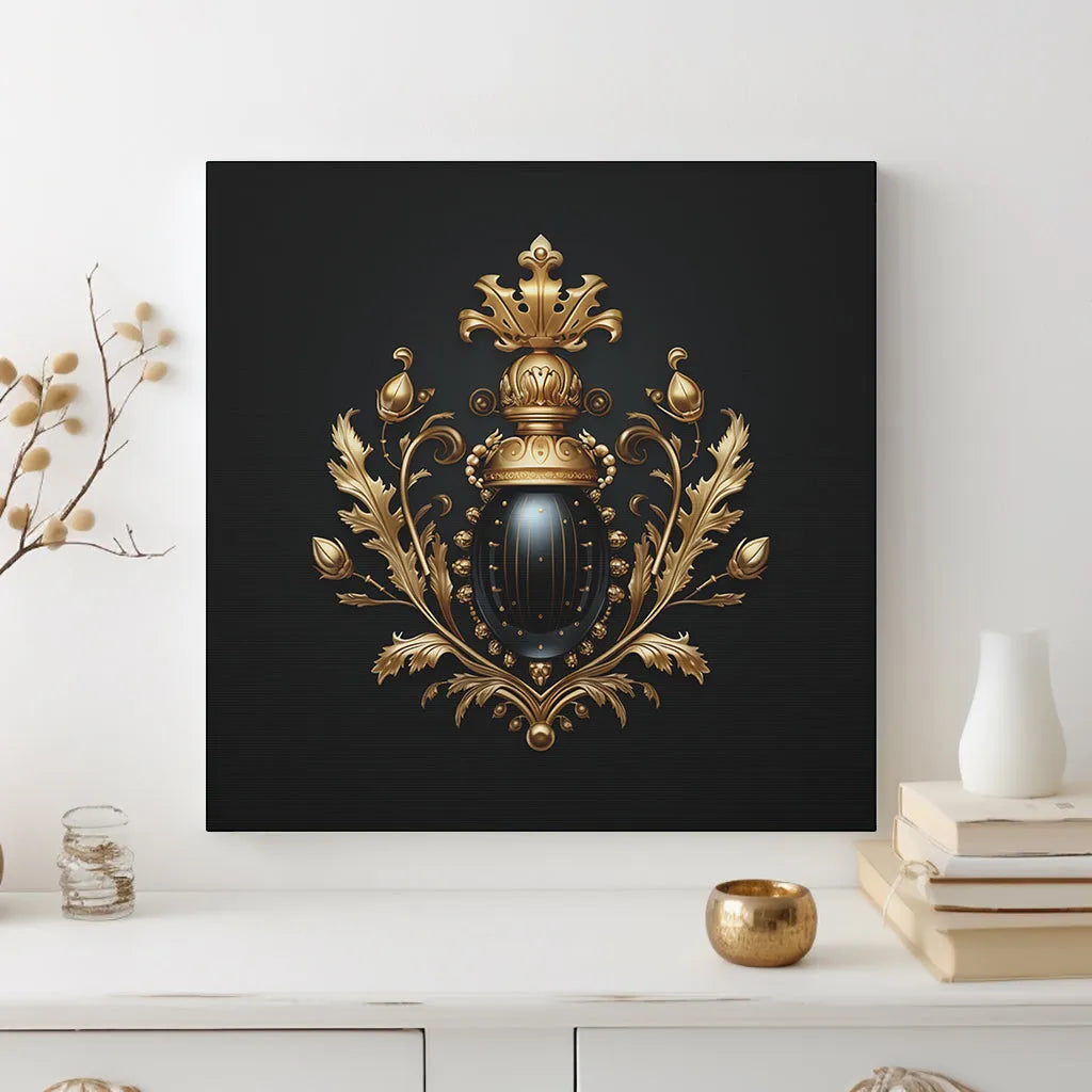 Black and gold regal ladybug crest canvas art styled above a modern white dresser, surrounded by neutral décor and soft natural accents.