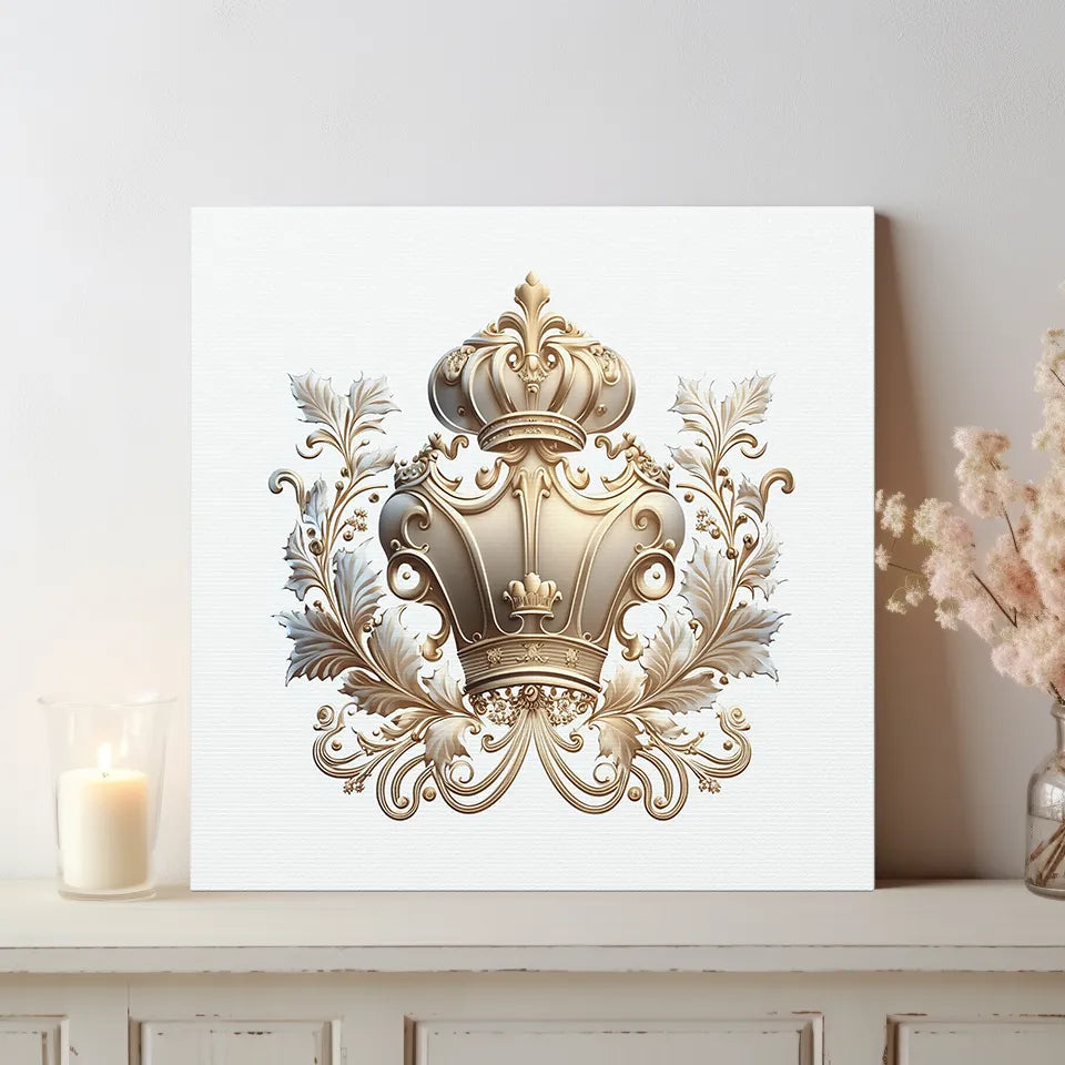 White and gold baroque crown crest gallery-wrapped canvas displayed on a shelf, adding refined European elegance to the room décor.