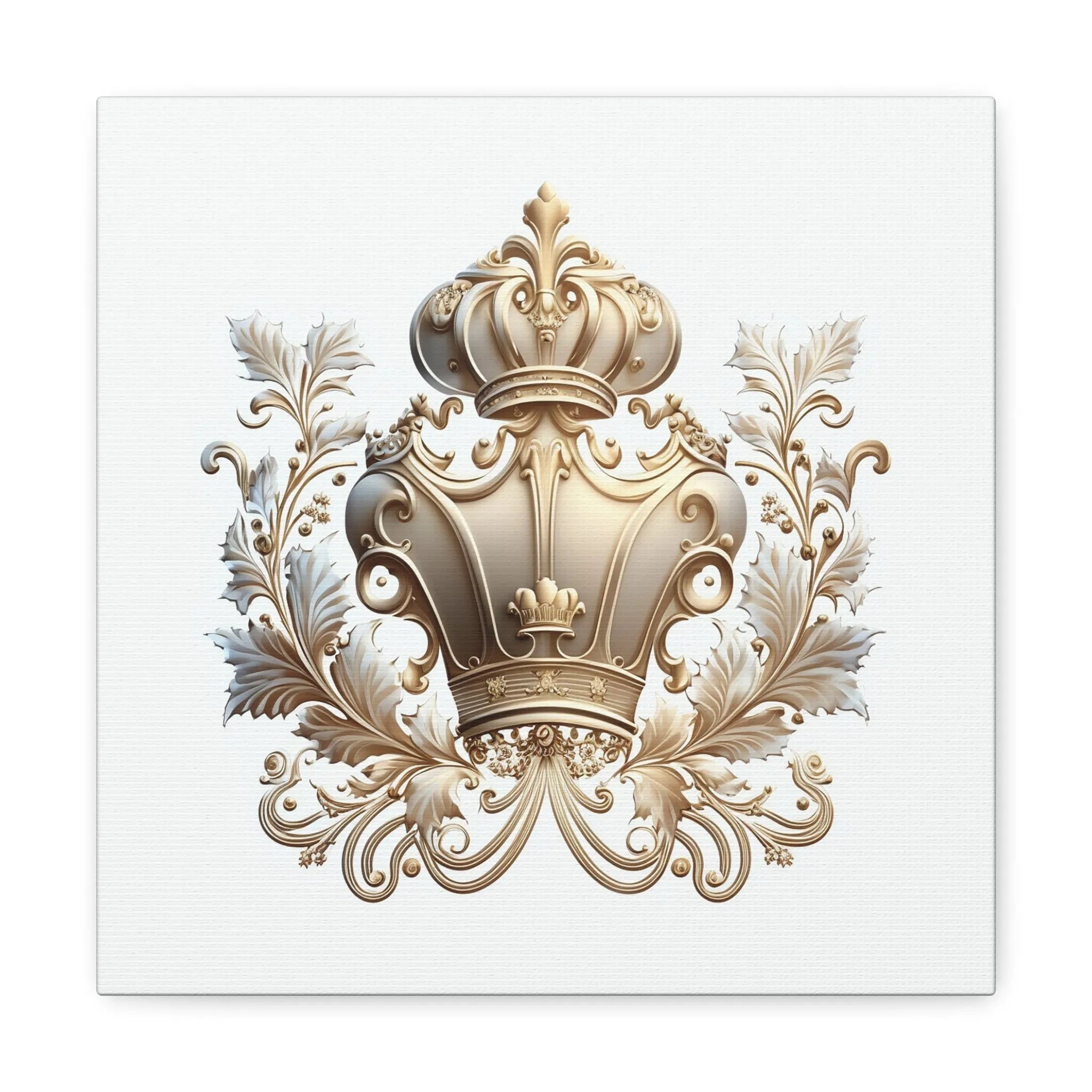 Regal white and gold crown crest canvas print featuring ornate baroque scrollwork and elegant detailing on a soft white background