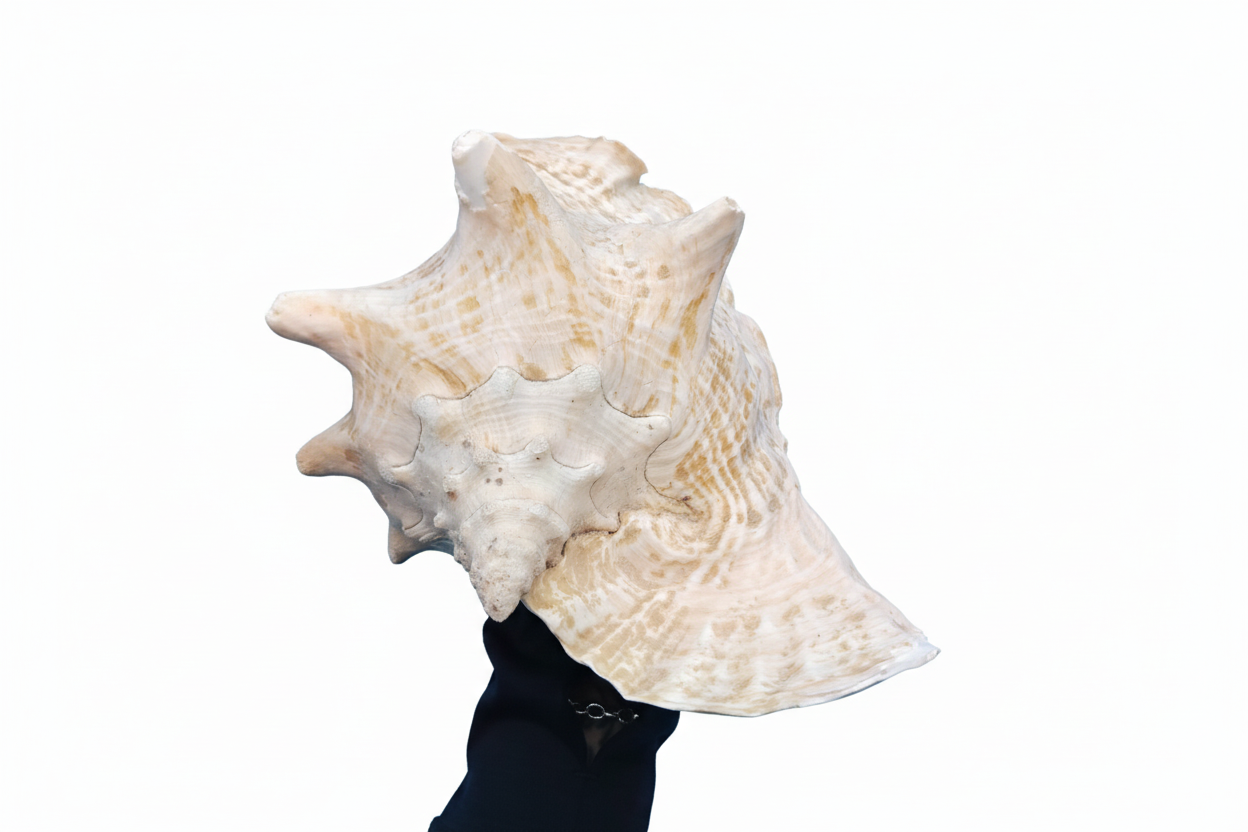 Large 9" Pink Queen Conch Display Shell – NON PIERCED (Strombus Gigas) held by a person against a white background