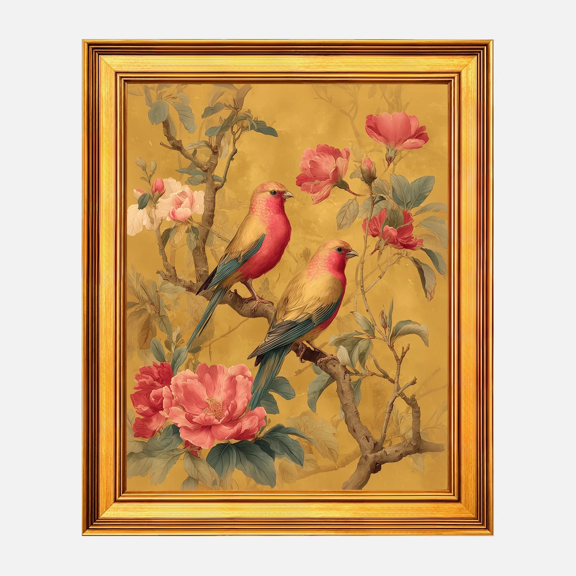 Rose Finches in Golden Peonies framed wall art in a burnished antique gold frame, 16 x 20 inch print size with 19.5 x 23.5 inch framed dimensions.