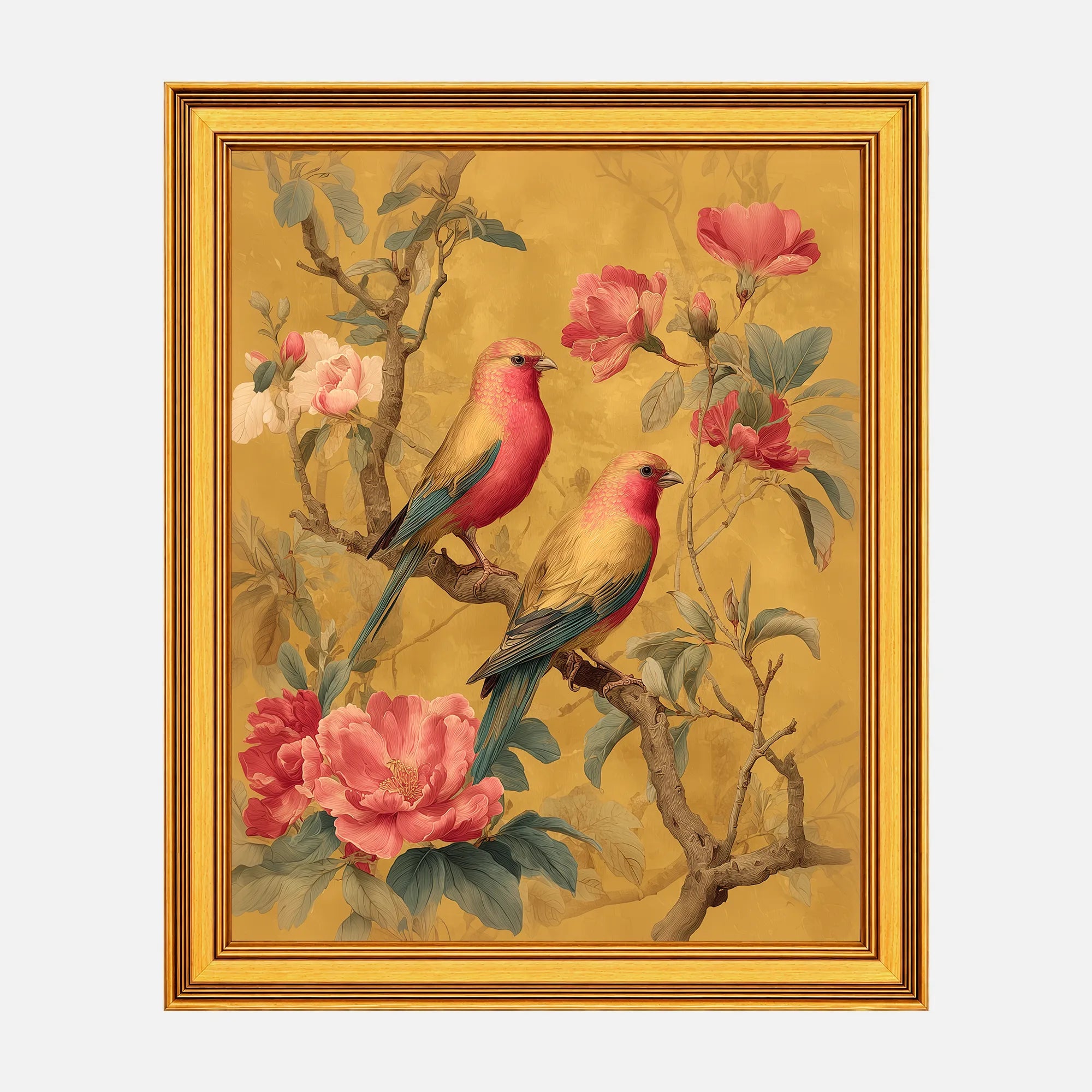 Rose Finches in Golden Peonies framed fine art print in a burnished antique gold frame, 20 x 25 inch print size with 23.5 x 28.5 inch framed dimensions.