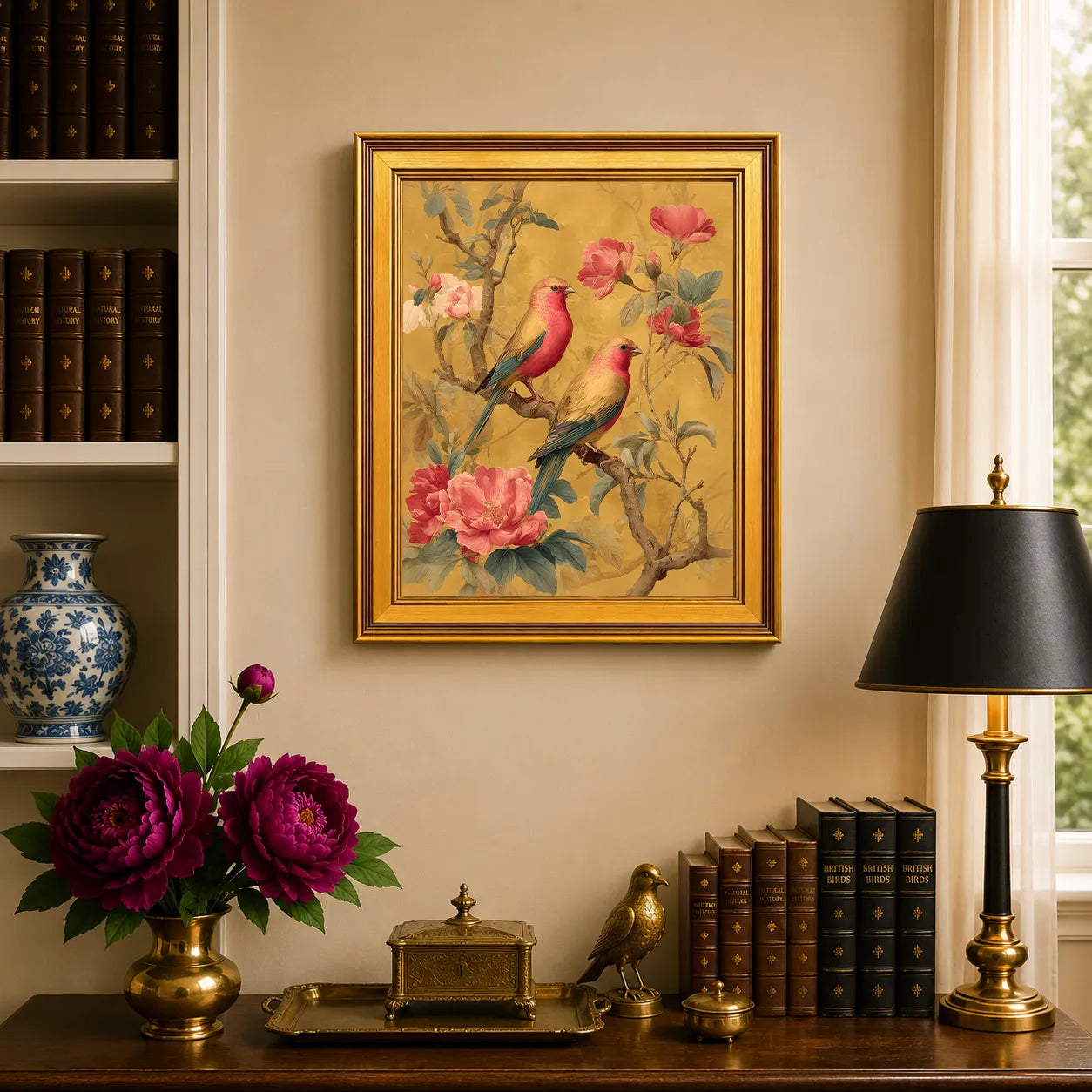 Rose Finches in Golden Peonies framed wall art displayed above a traditional desk with peonies, books, brass decor, and a burnished antique gold frame.