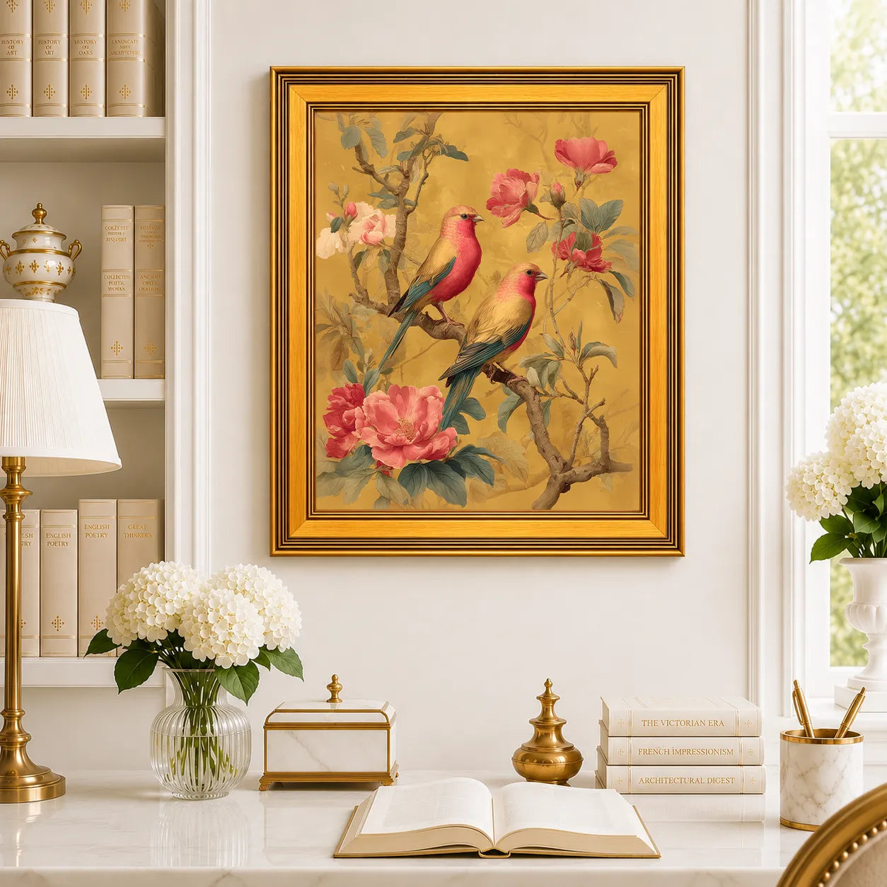 Rose Finches in Golden Peonies framed wall art displayed above a traditional desk with peonies, books, brass decor, and a burnished antique gold frame.